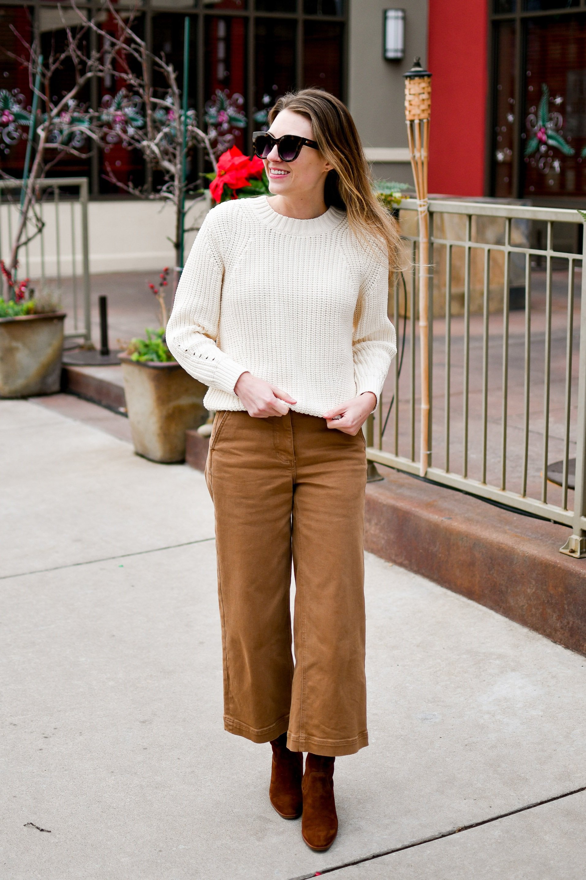 Everlane wide leg crop pants fall winter outfit with ivory knit sweater and Aquatalia boots — Cotton Cashmere Cat Hair