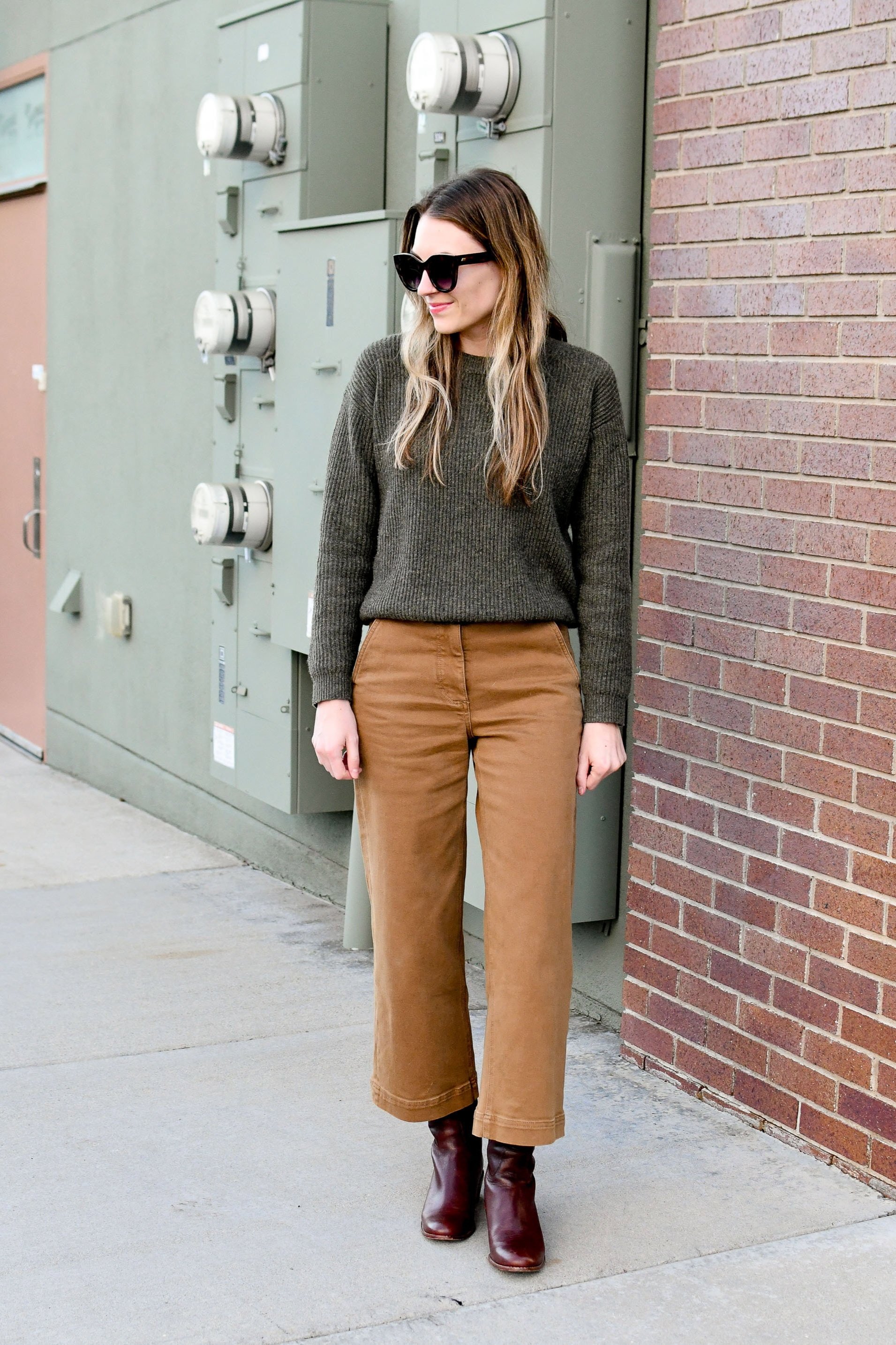 Everlane wide leg crop pants fall winter outfit with earthy green cashmere sweater and Cole Haan riding boots — Cotton Cashmere Cat Hair