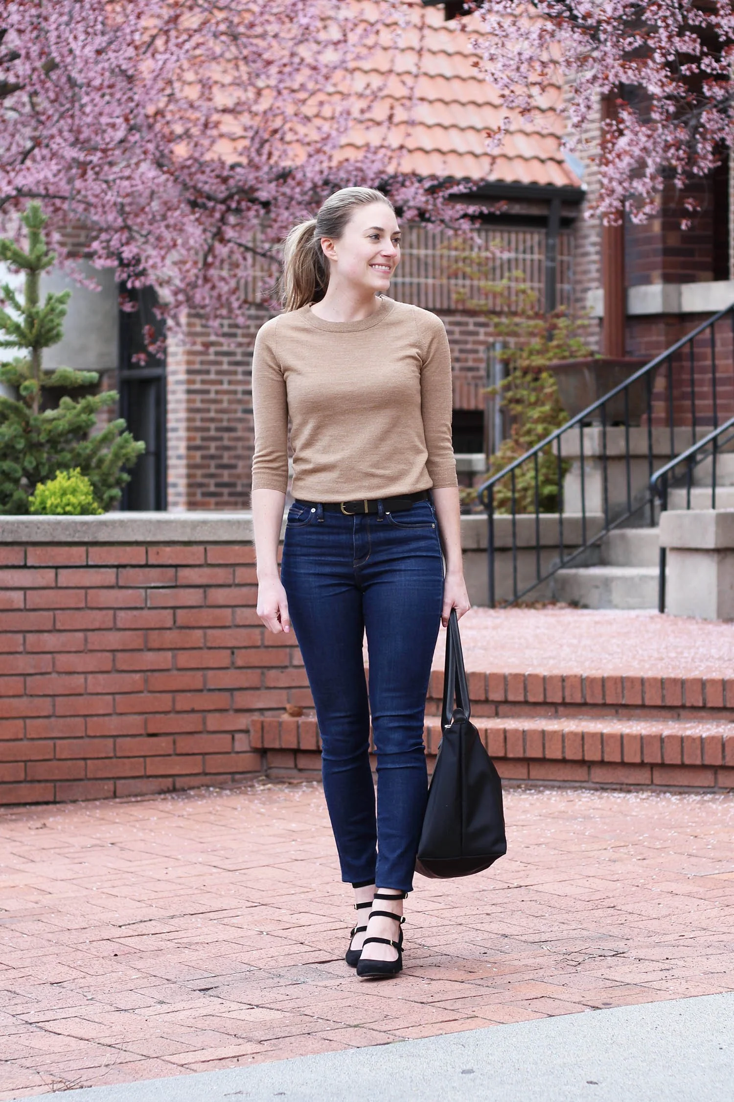 Longchamp Tote with Simple Sweater and Jeans | Cotton Cashmere Cat Hair