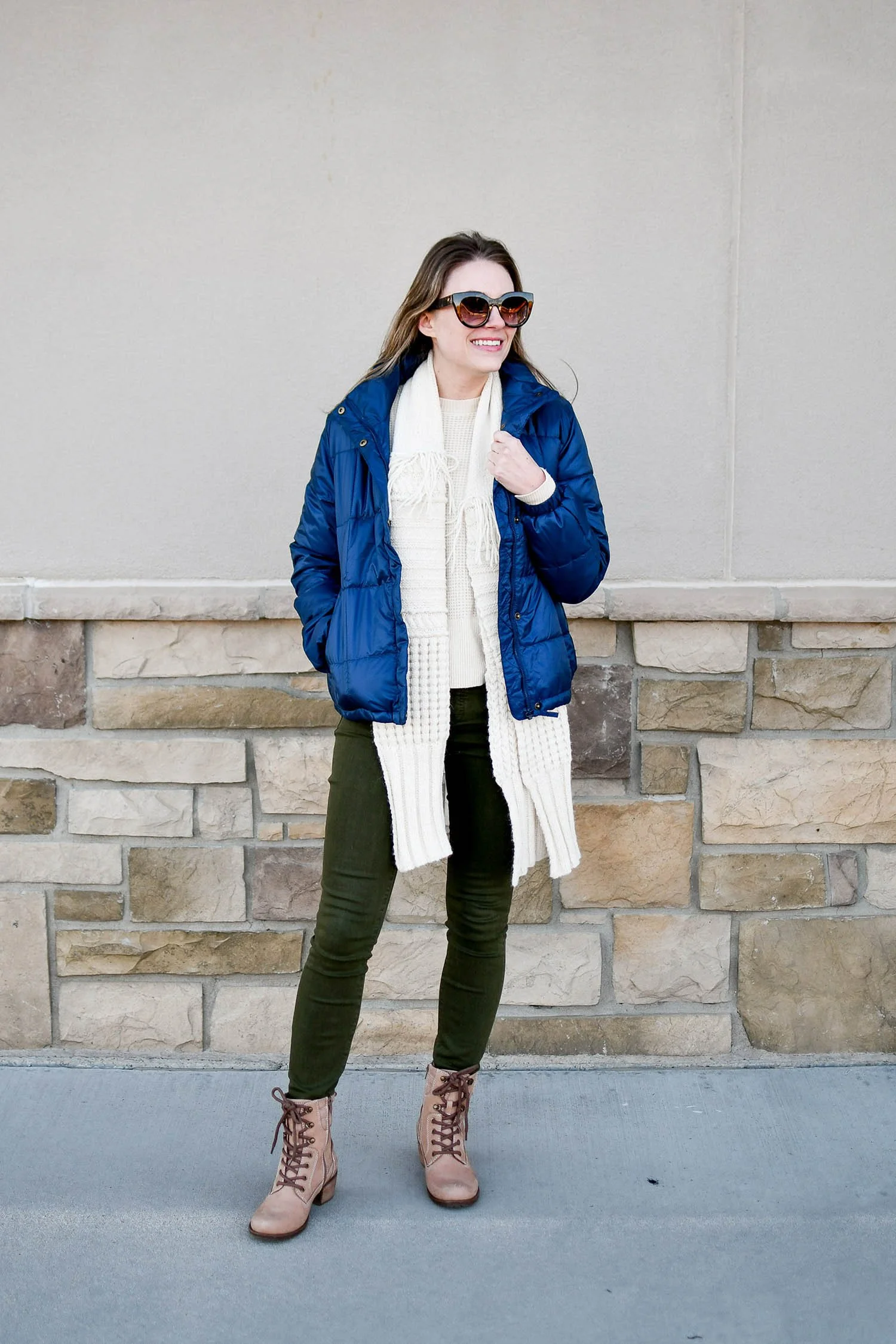 Olive Green Pants Outfit: Neutrals and Bright Puffer | Cotton Cashmere Cat Hair