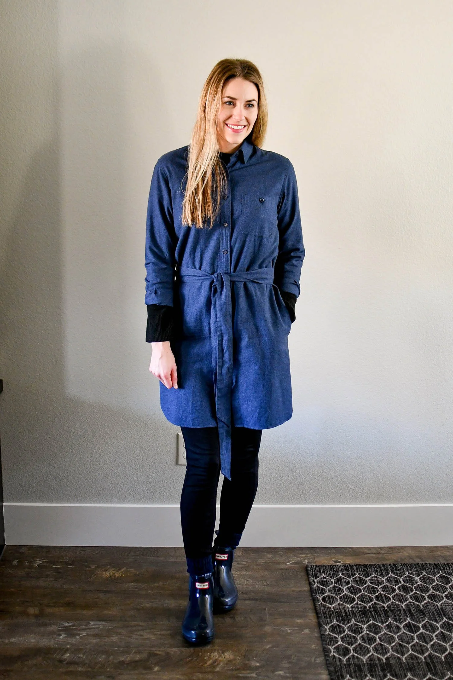 Rainy Day Outfit: Flannel Shirt Dress Over Pants | Cotton Cashmere Cat Hair
