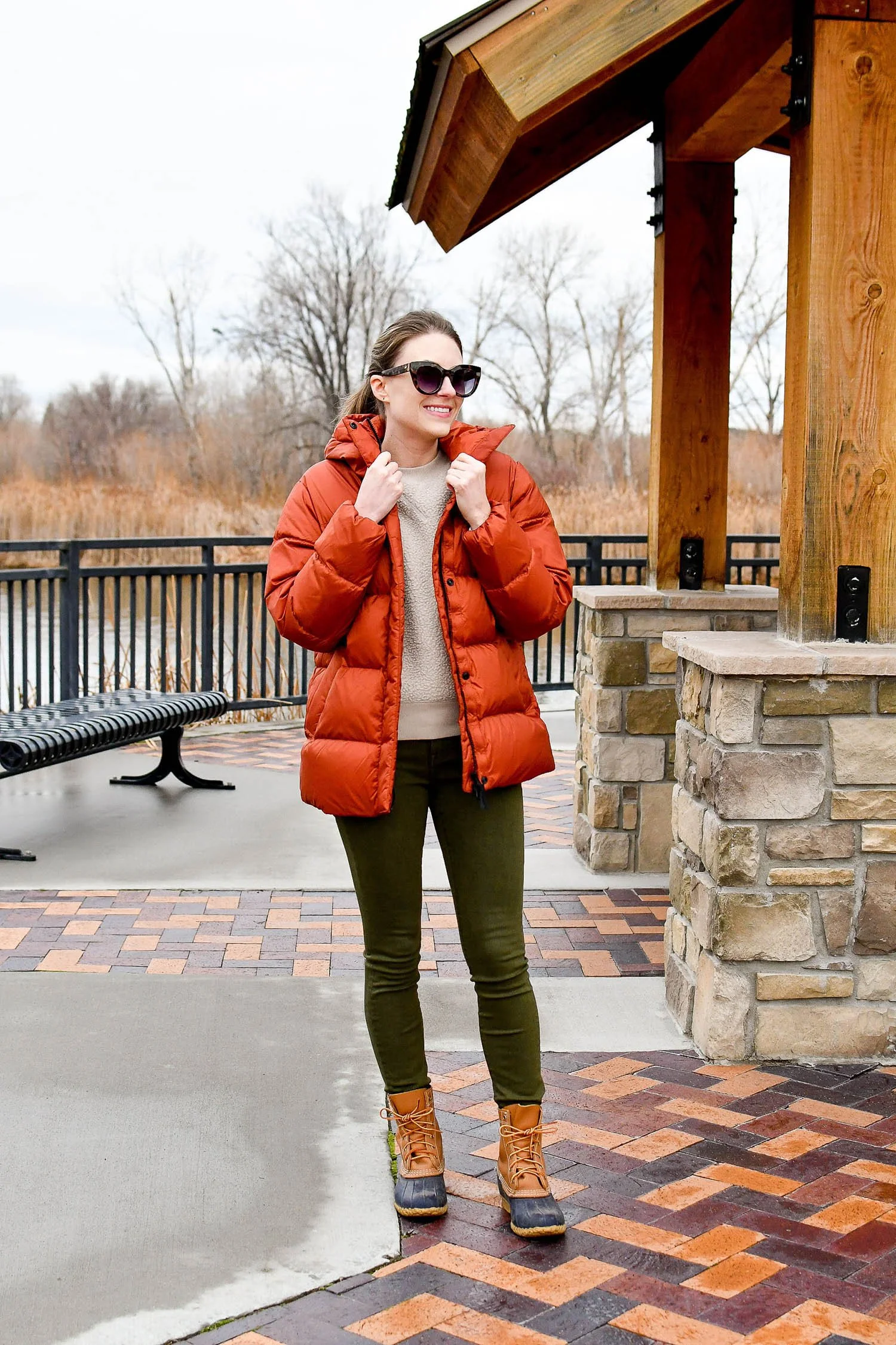 Olive Green Pants Outfit: Puffer Coat and Bean Boots | Cotton Cashmere Cat Hair