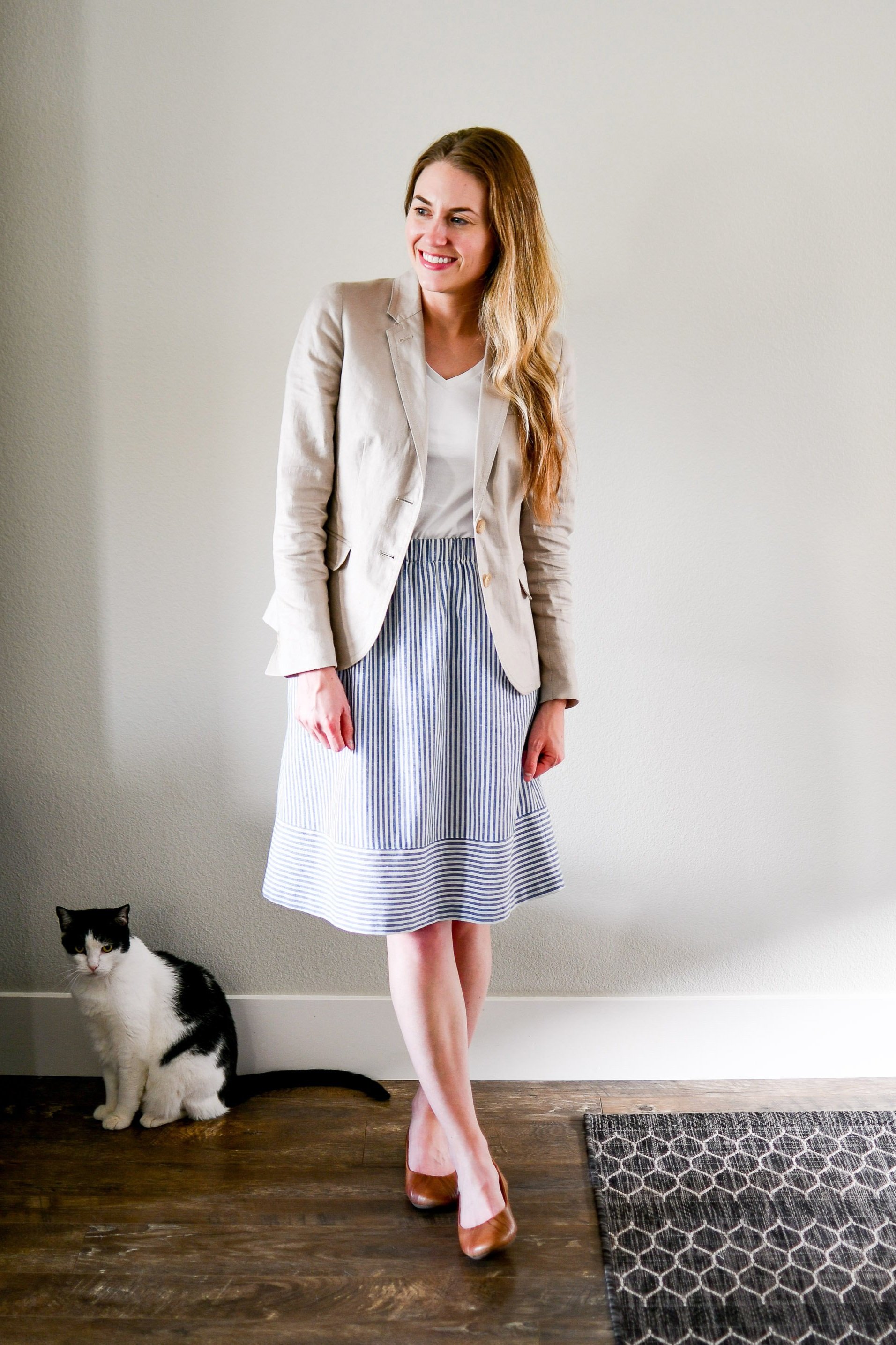 Grad School Interview Outfit Idea: Linen Blazer + Striped Linen Midi Skirt | Cotton Cashmere Cat Hair