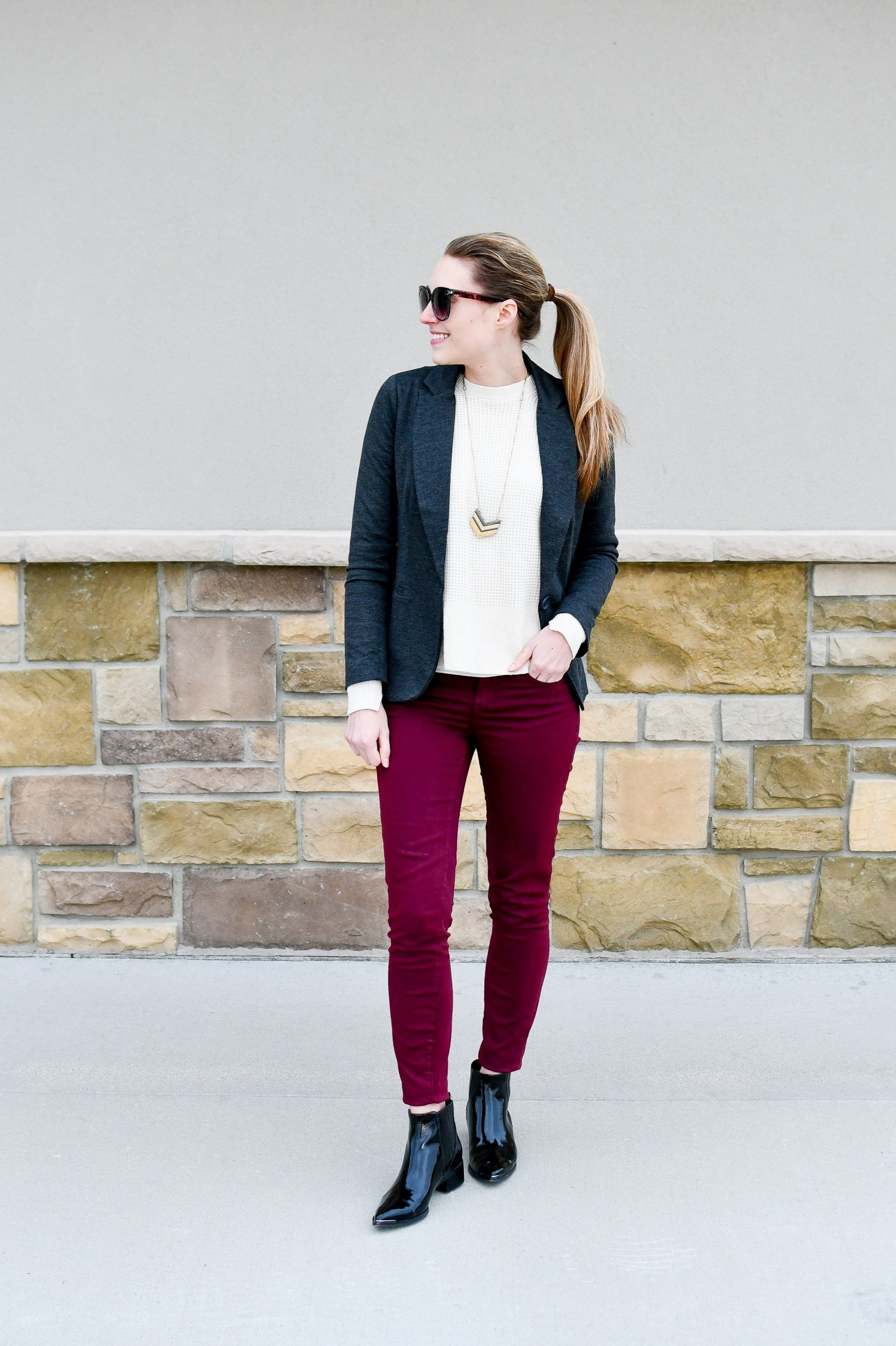 Grad School Interview Outfit Idea: Knit Blazer + Colorful Pants + Boss Boots | Cotton Cashmere Cat Hair