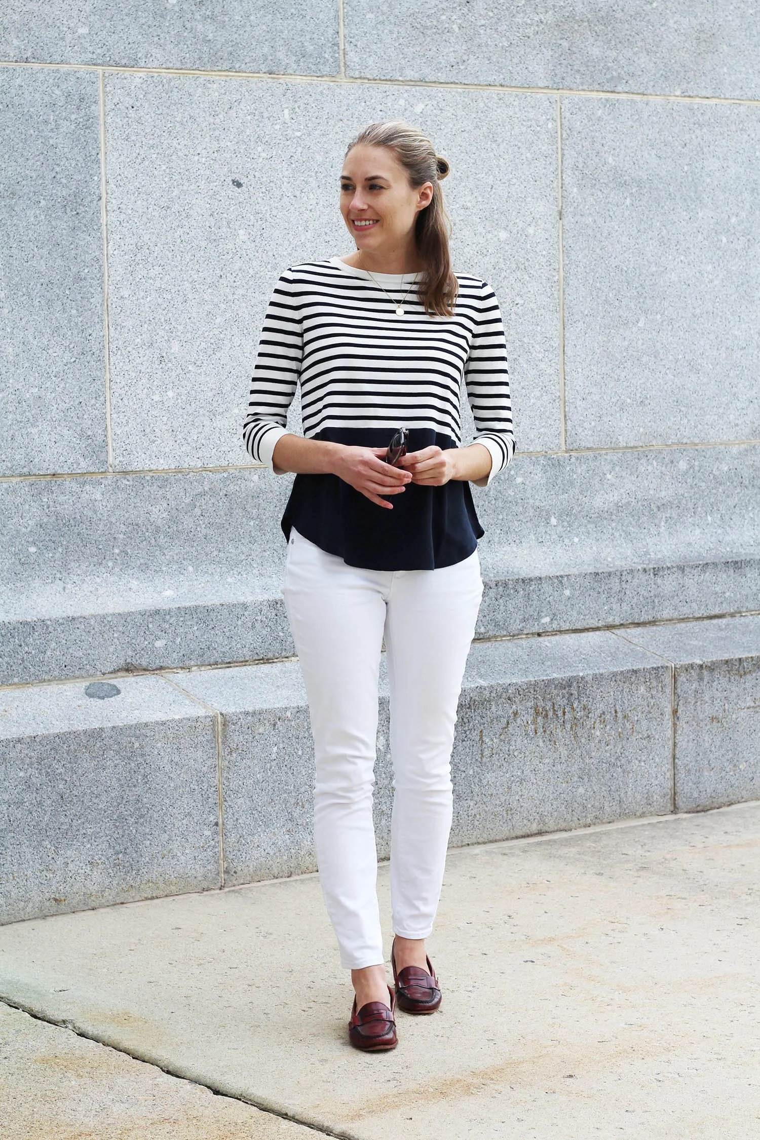 White Jeans Fall Outfit with navy striped tee and red loafers | Cotton Cashmere Cat Hair