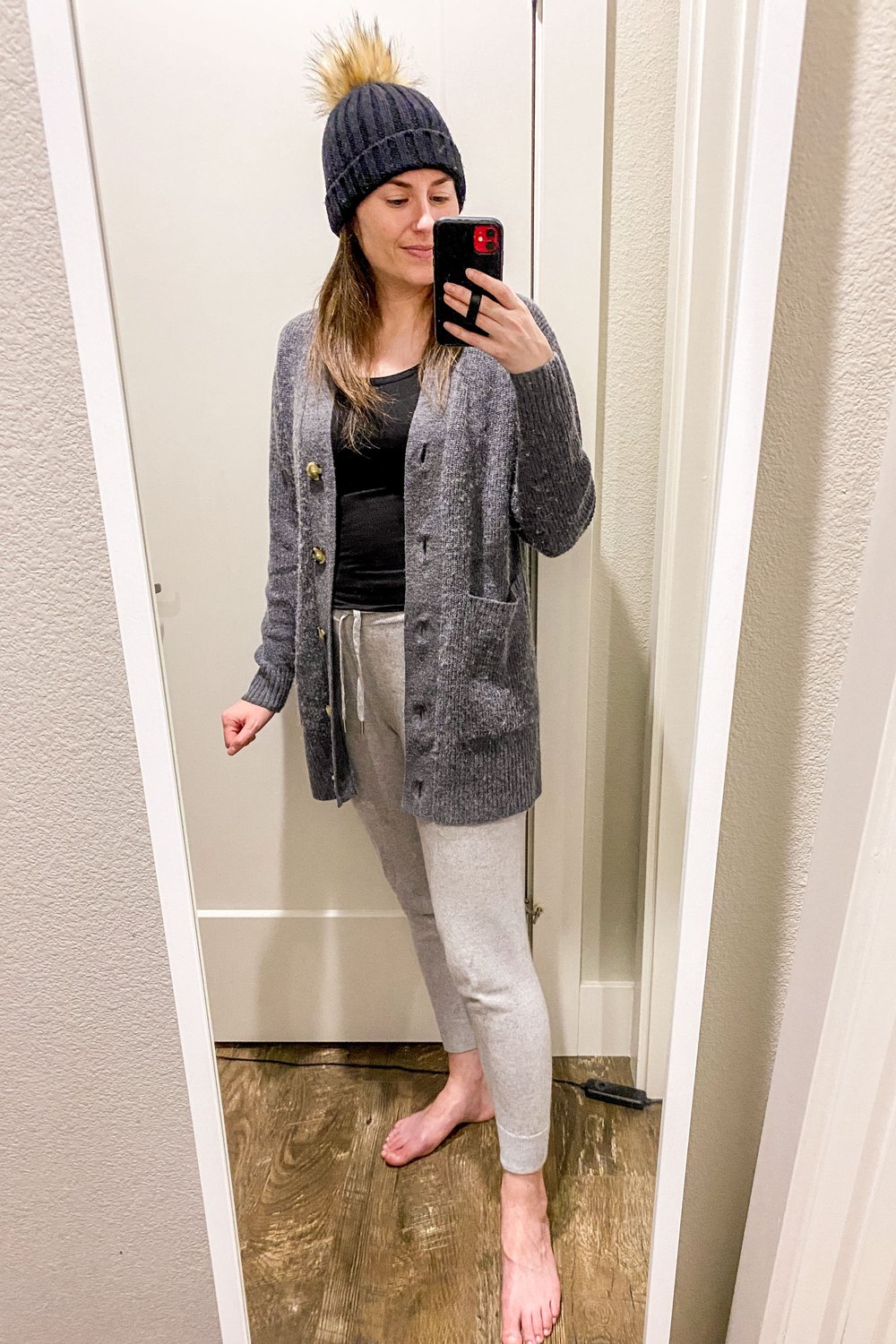 Wear Your Closet Challenge: January 16, 2023 | alpaca cardigan with cashmere sweatpants and beanie | Cotton Cashmere Cat Hair