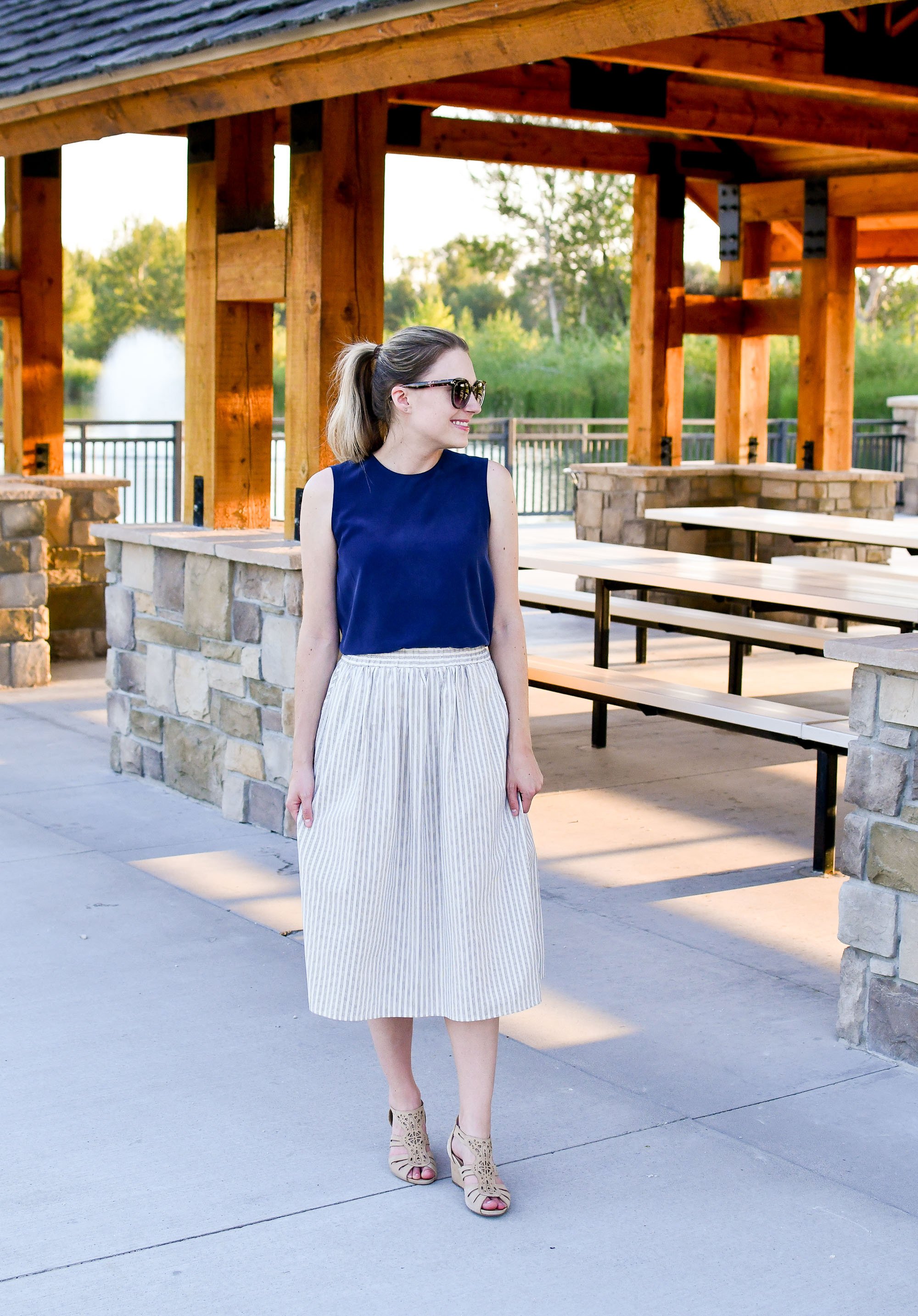 Grad School Interview Outfit Idea: Simple Silk Shell + Striped Midi Skirt | Cotton Cashmere Cat Hair