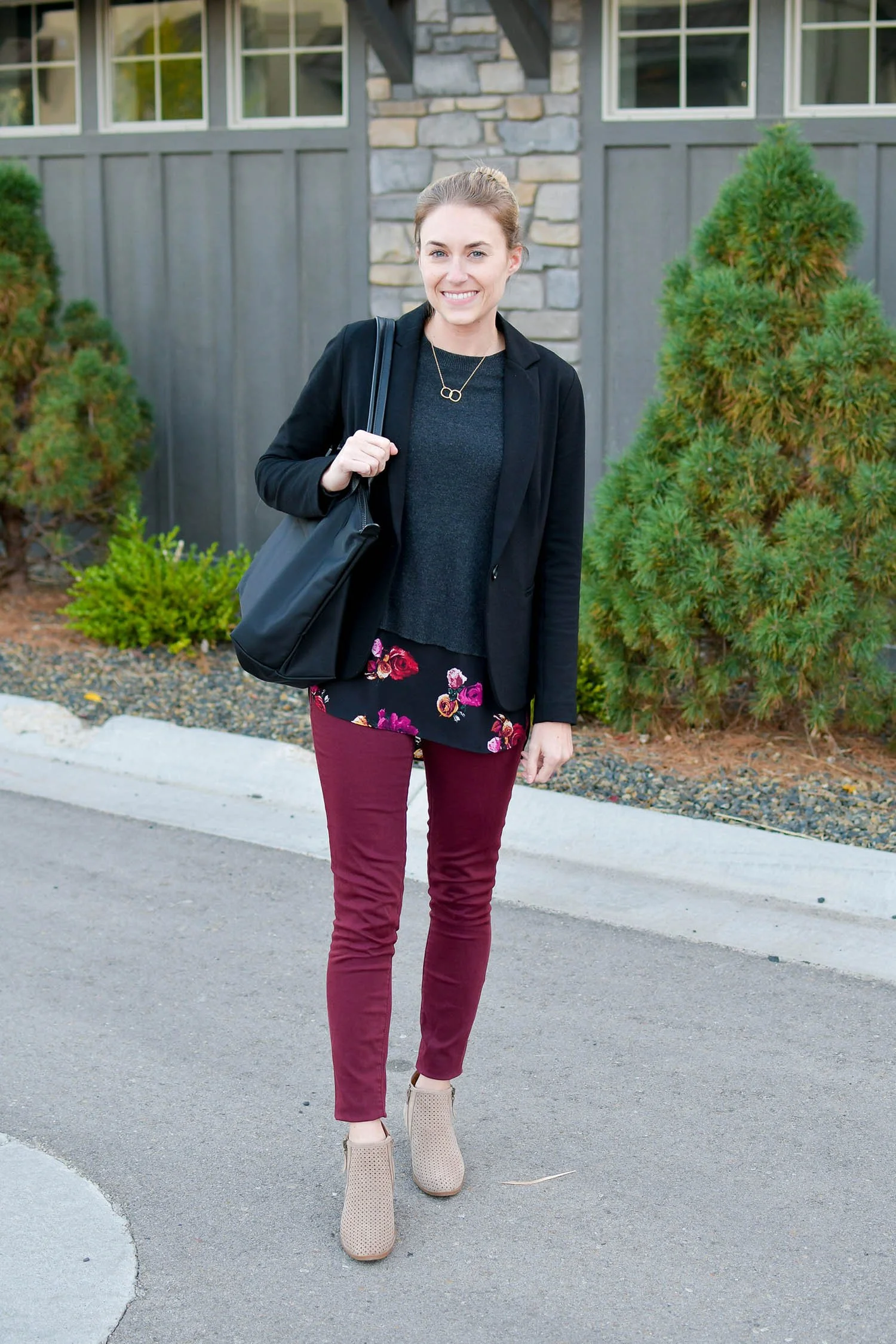 Longchamp Tote with Blazer and Burgundy Pants | Cotton Cashmere Cat Hair