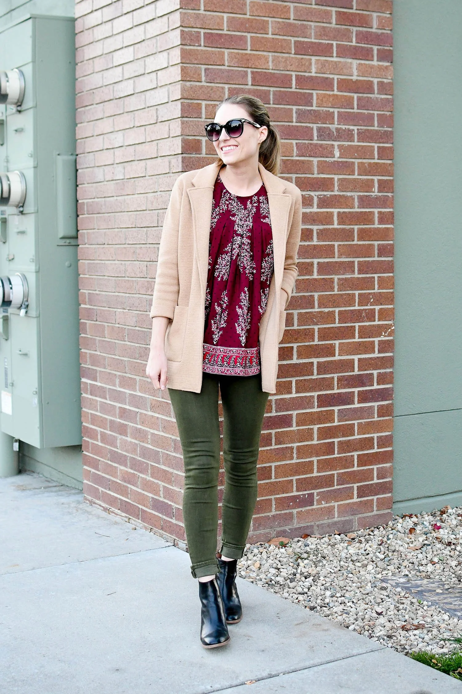 Olive Green Pants Outfit: Burgundy Top and Sweater Blazer | Cotton Cashmere Cat Hair