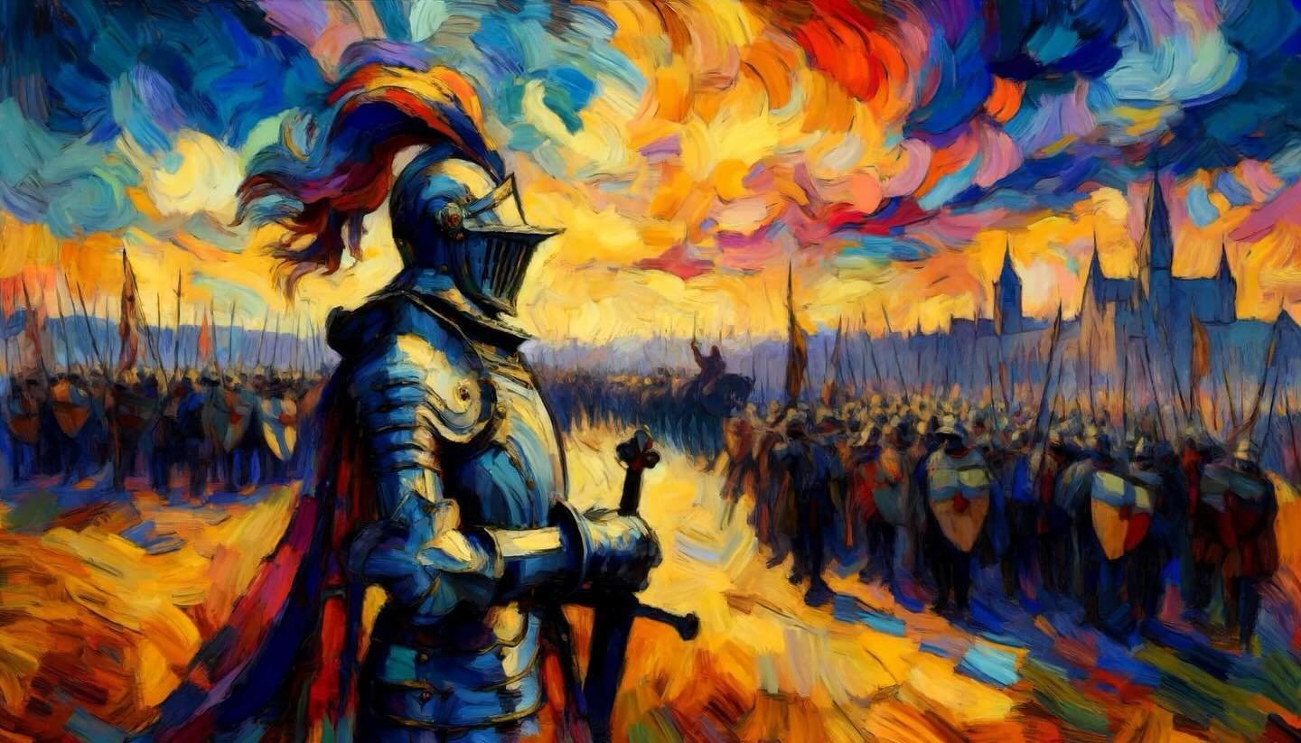 Against the backdrop of vibrant strife,

He contemplates the hues of life.

His sword shines with each vivid shade,

In the twilight of this last crusade.