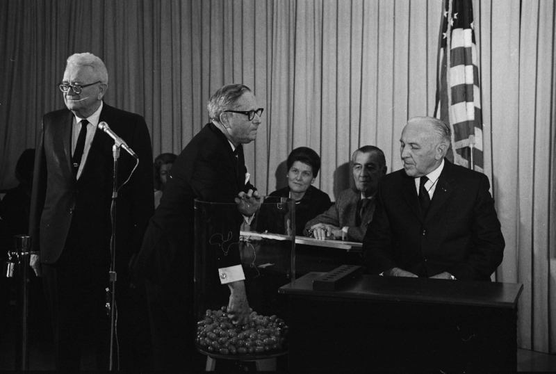 Representative Alexander Pirnie (R-NY) drawing the first number in the 1969 draft lottery. (Wikimedia Commons)