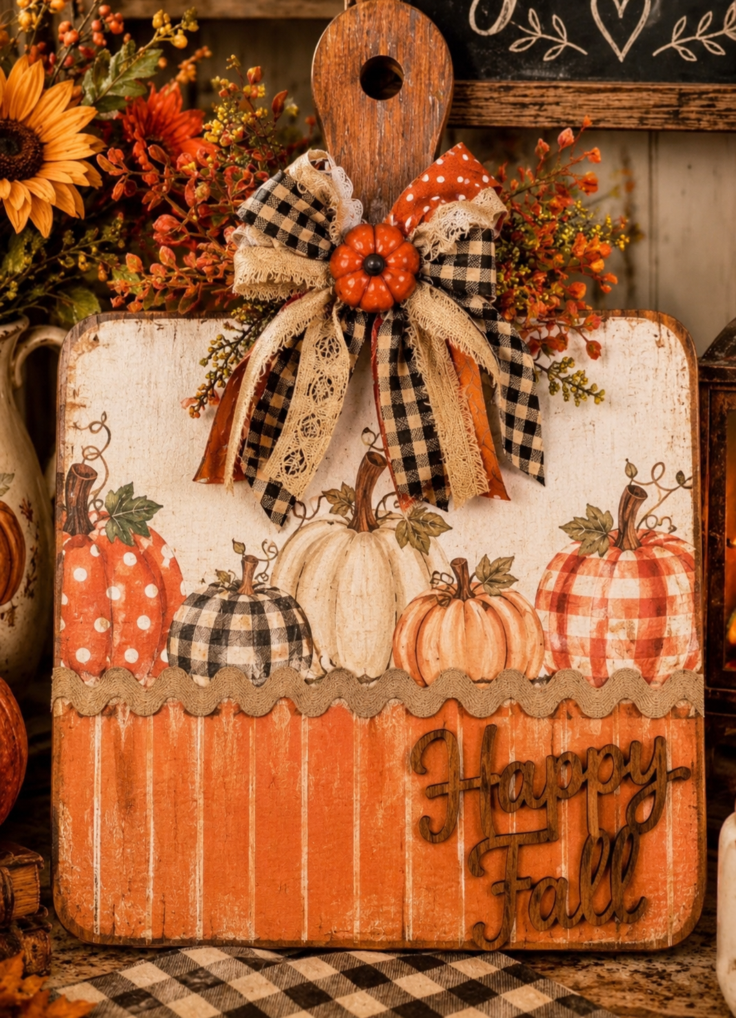 Pumpkin Patch &amp; Plaid Fall Decoupage Cutting Board