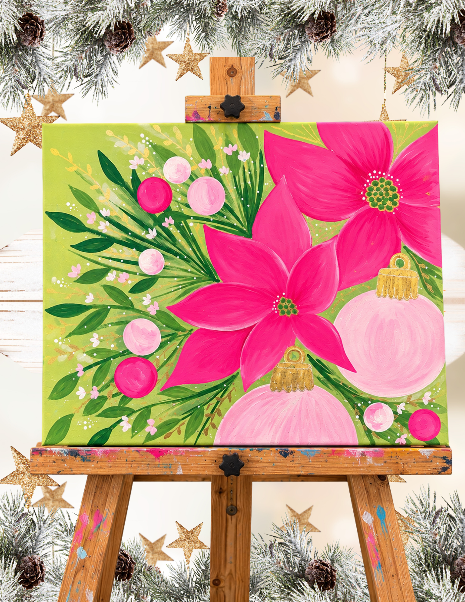 Pink Poinsettias &amp; Christmas Wishes - Canvas Painting Night