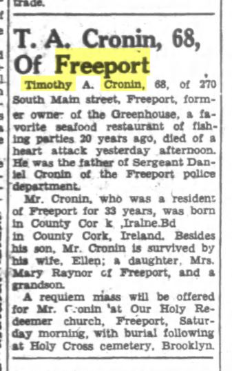 Timothy Ambrose Cronin obituary from the June 17, 1948 Nassau Daily Review Star. Courtesy Old Fulton Postcards.