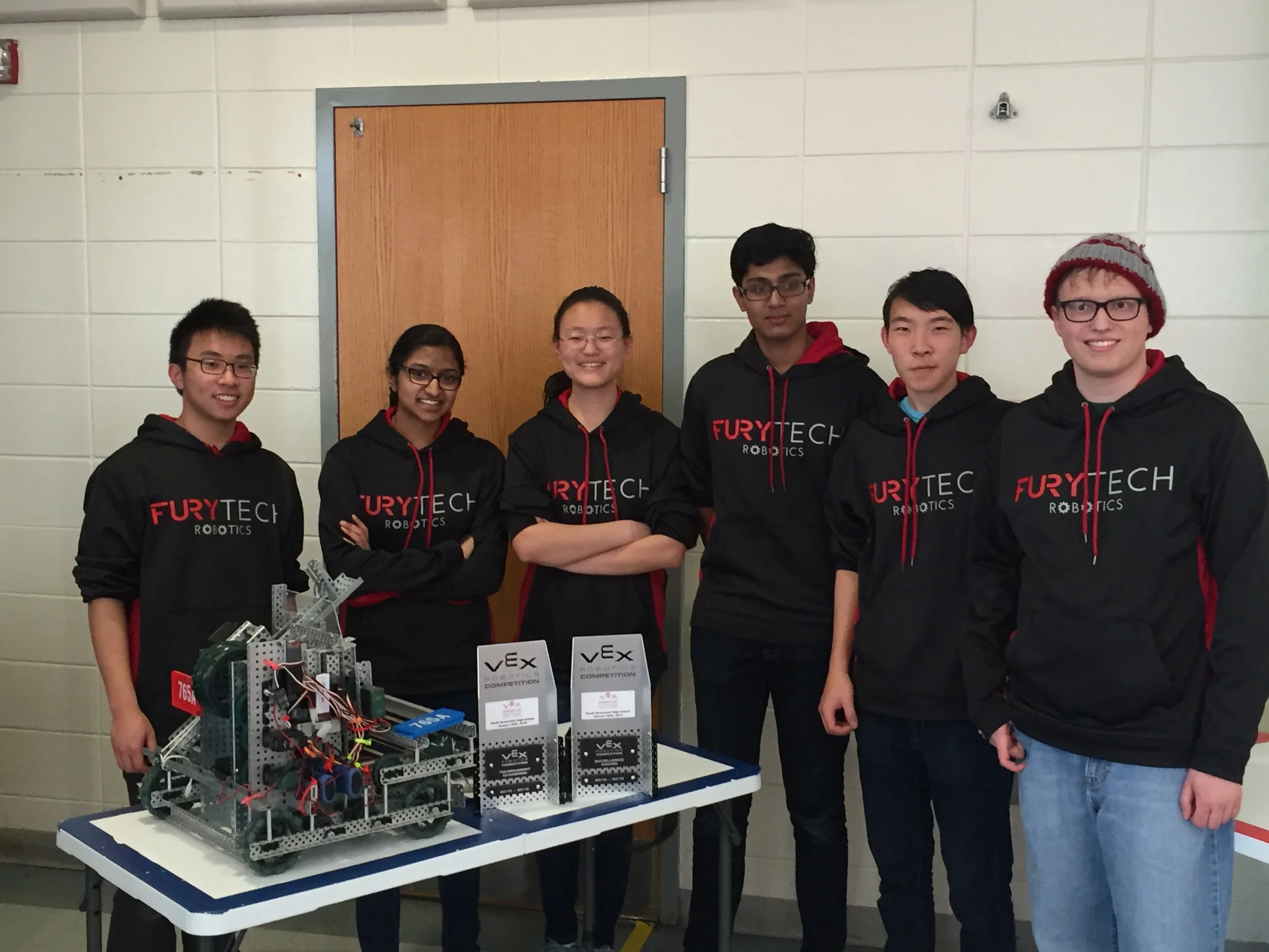 The Vex Robotics Team members from left to right are: Ray Tsa, Anjali Nambrath, Emily Liu, Arvind Yalavarti, Alex Yao, and Matt Ramina.