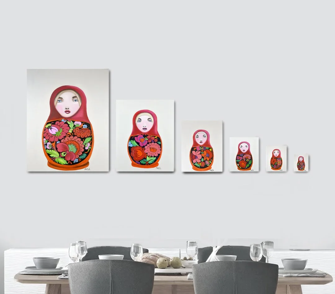 Russian Dolls Series of 6 Oil Paintings  24 × 30 in 17 × 21 in 12 × 15 in 8.5 × 10 in 6 × 7.5 in 4.25 × 5 in  Sold as a complete set