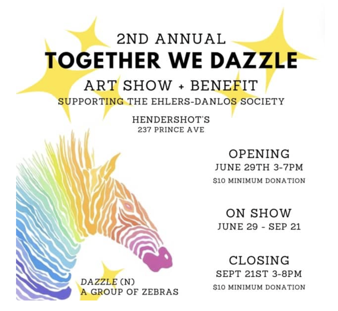 A colorful zebra announcing the Together We Dazzle fundraiser artshow for EDS