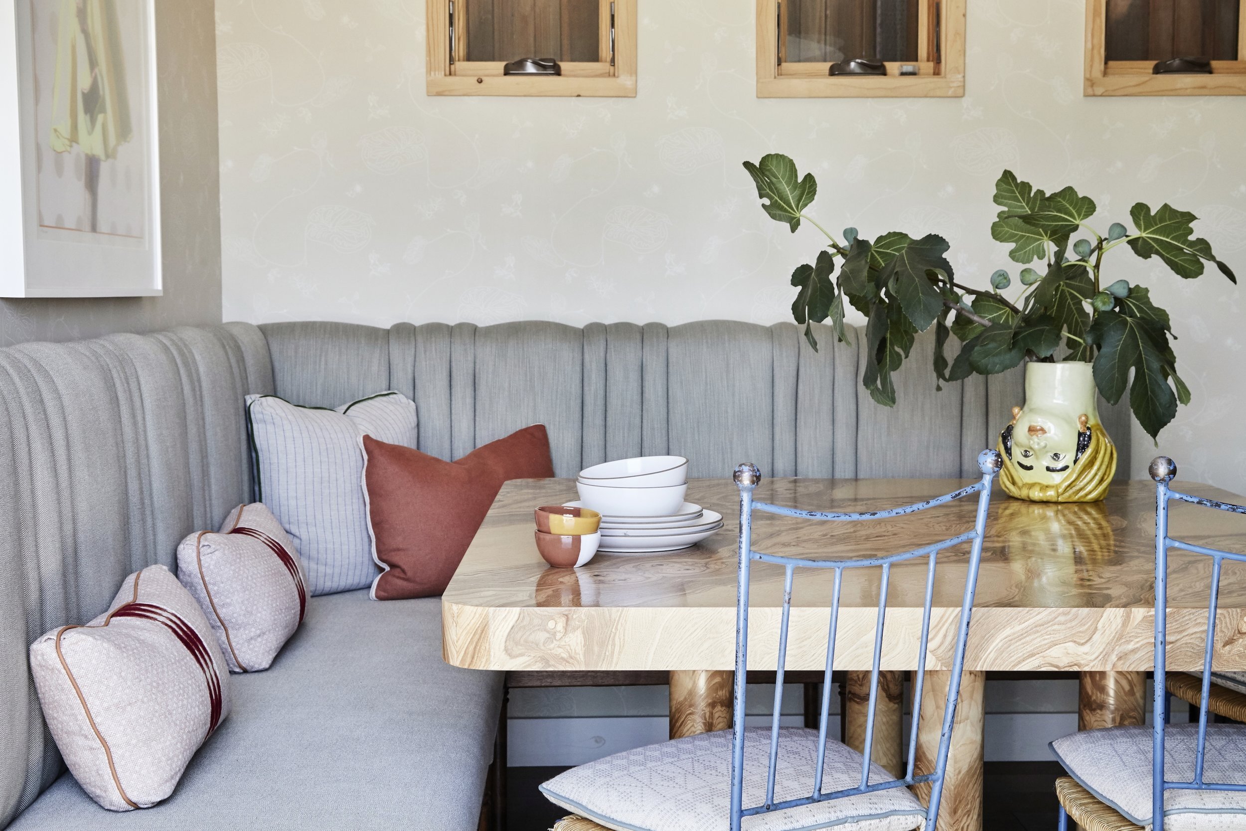 Bespoke Breakfast Nook with Burl Wood Table and Bench Seat by Stefani Stein