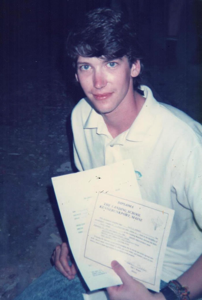 David Bohnhoff with his diploma when he graduated from The Landing School of Boatbuilding and Design in Kennebunkport Maine.