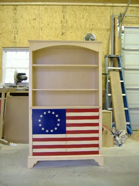 painted Betsy Ross flag motif bookcase and storage cabinet.JPG