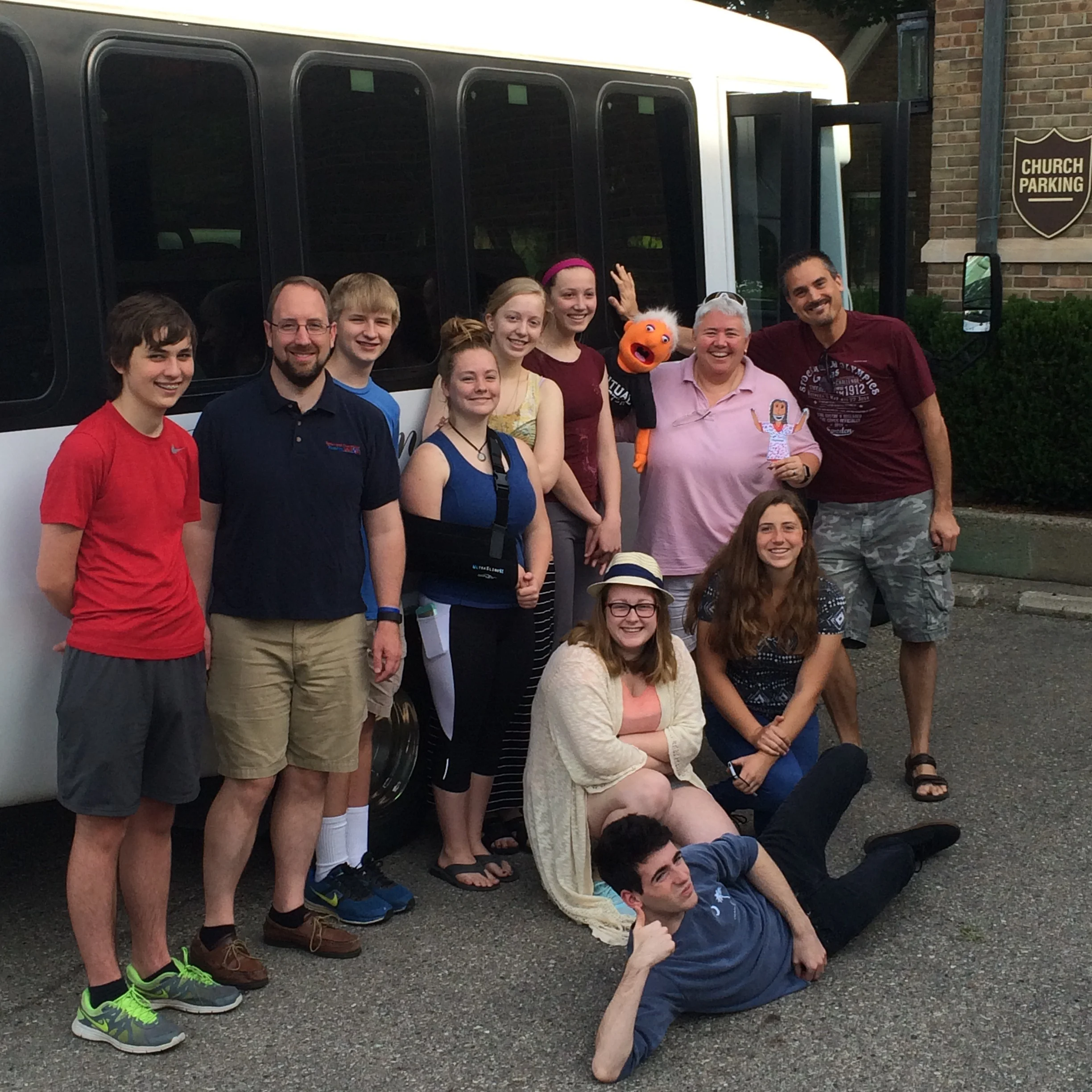 The eleven pilgrims, along with Flat Jesus and Topher, ready to hit the road.