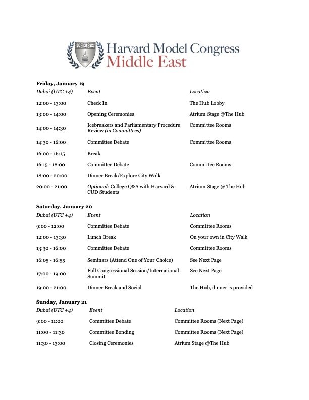 Conference Schedule — Harvard Model Congress Middle East