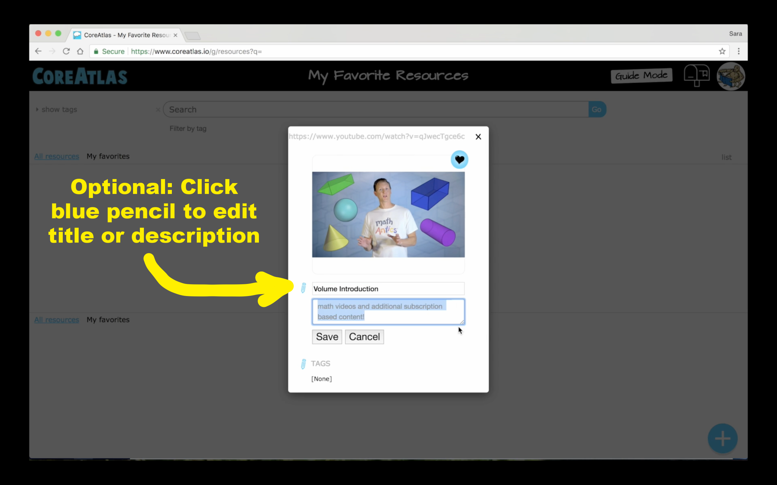5. Optional: Edit the title or description of the resource by clicking the blue pencil. When satisfied, click Save.