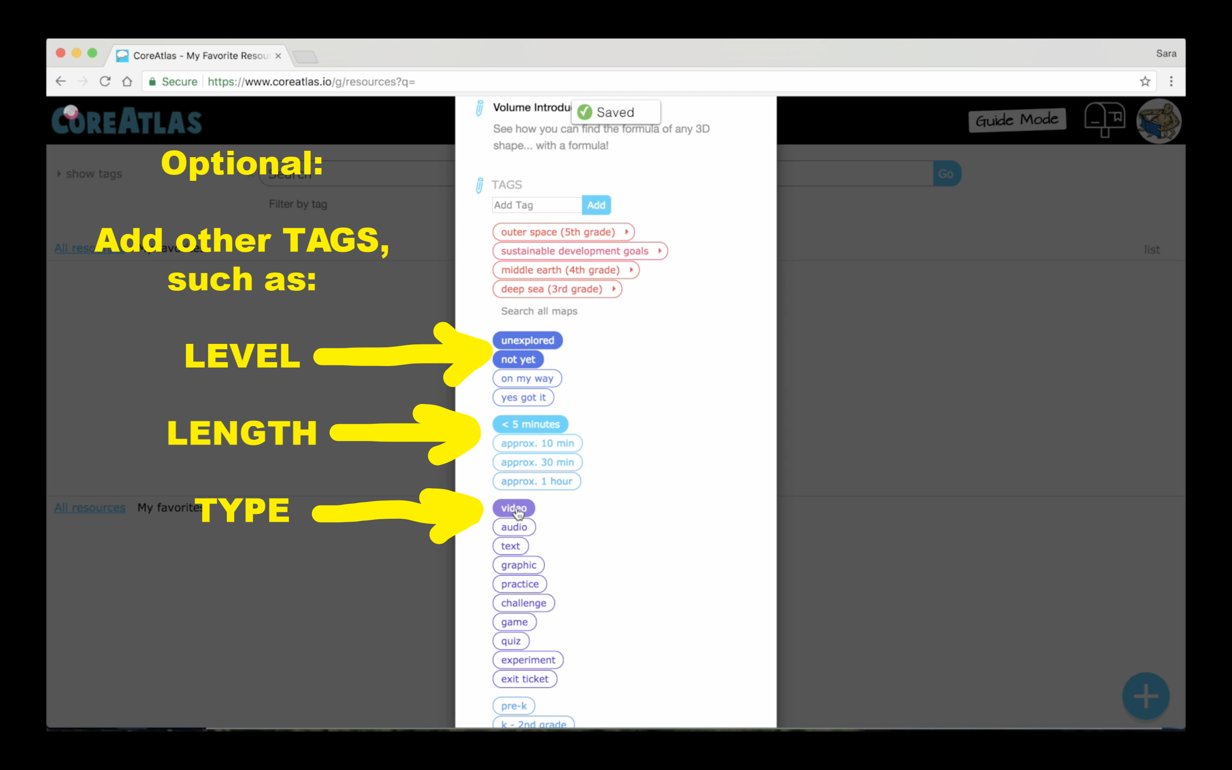 8. Optional: Click back to select other TAG options, such as level, length, or type.