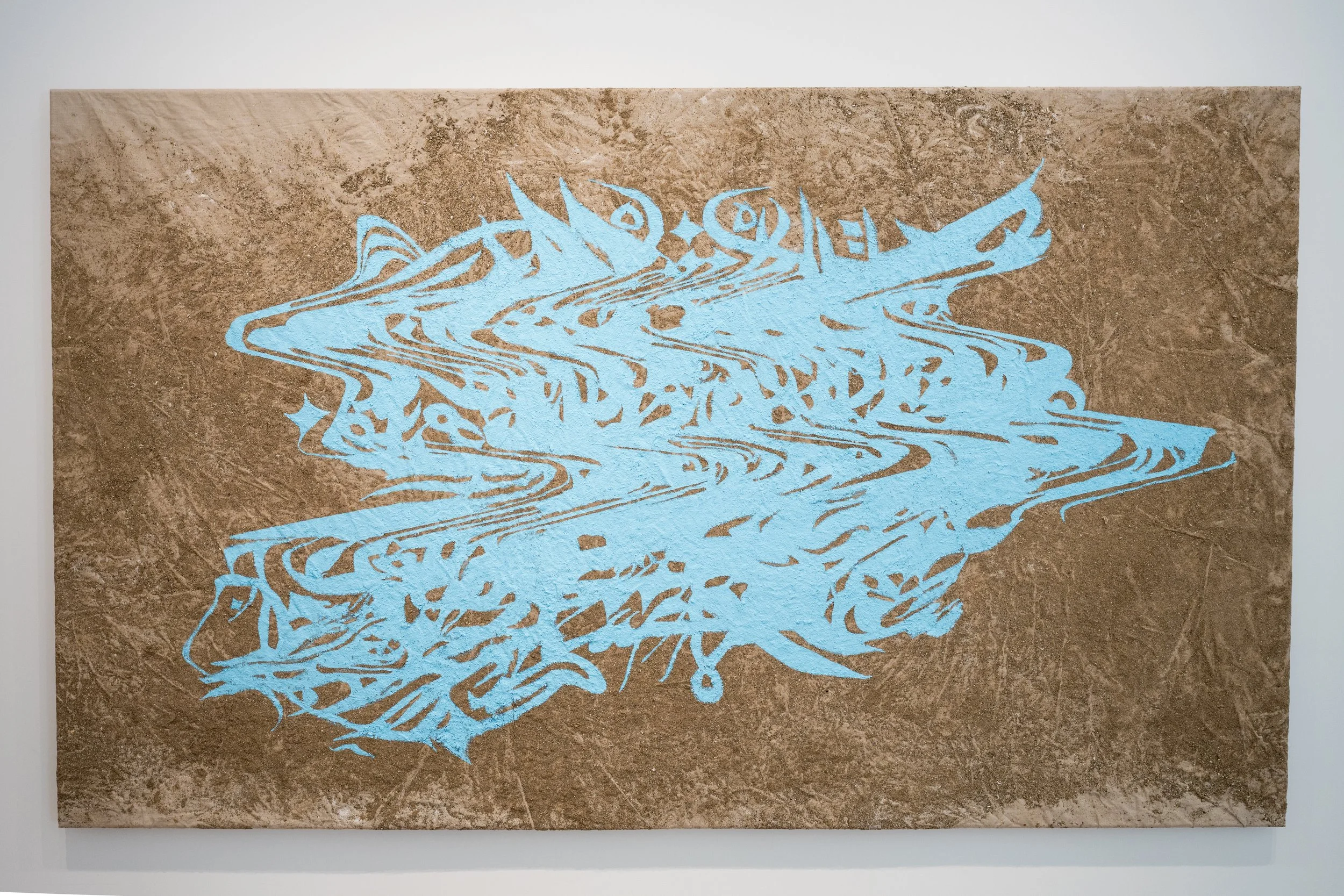   MAWIMBI 001: CHICAGO, ILLINOIS  Acrylic, water, sediment, sand on framed linen.  120”x 72” / 304.8cm x 182.88cm 2023  (photo by Ava Scanlan)    