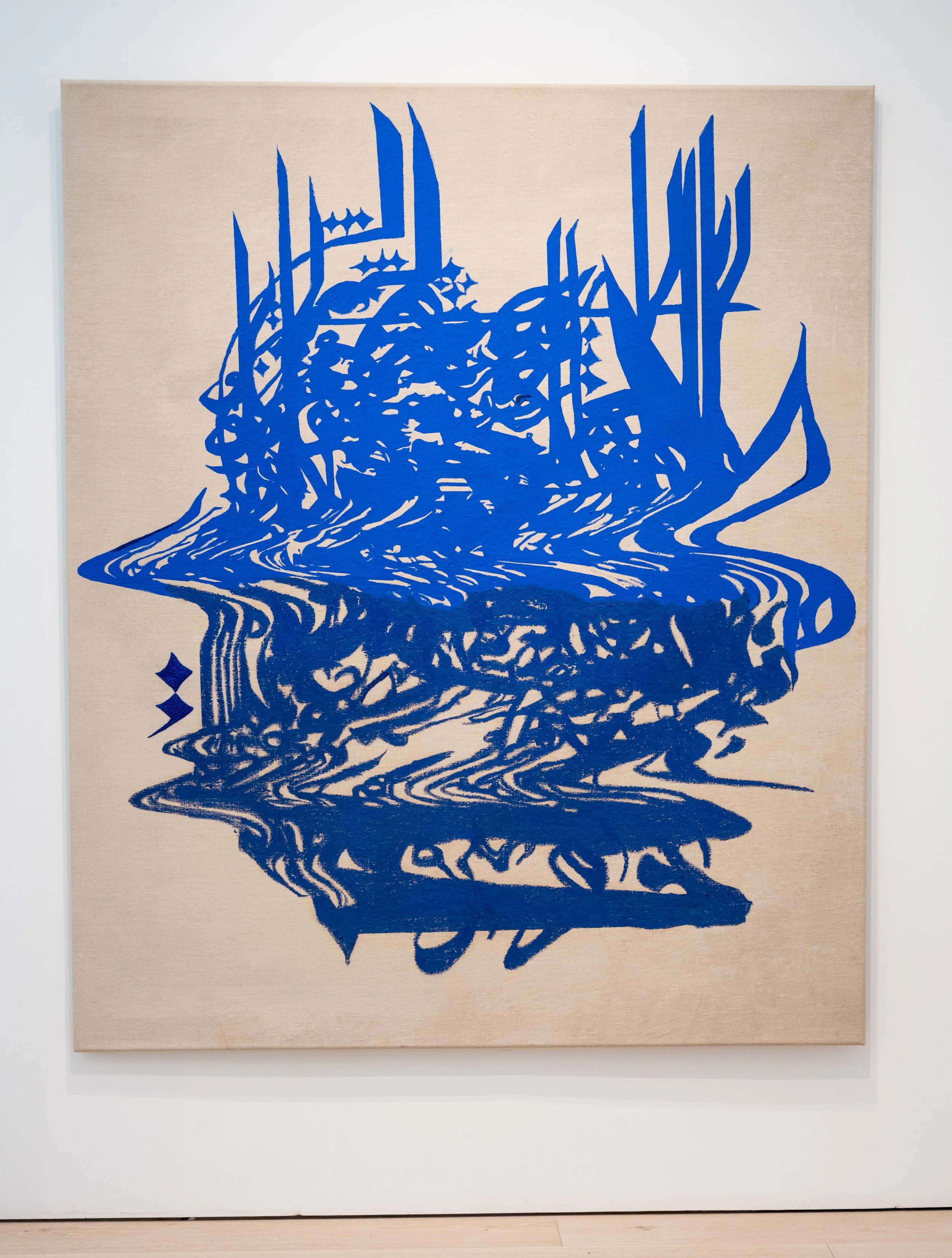  MAWIMBI 002: SURFSIDE BEACH, TEXAS Acrylic, Oil stick, water, sediment, sand and hand embroidered cotton on framed linen.  60”x 72”  / 152.4cm x 182.88cm 2023  (photo by Ava Scanlan)  