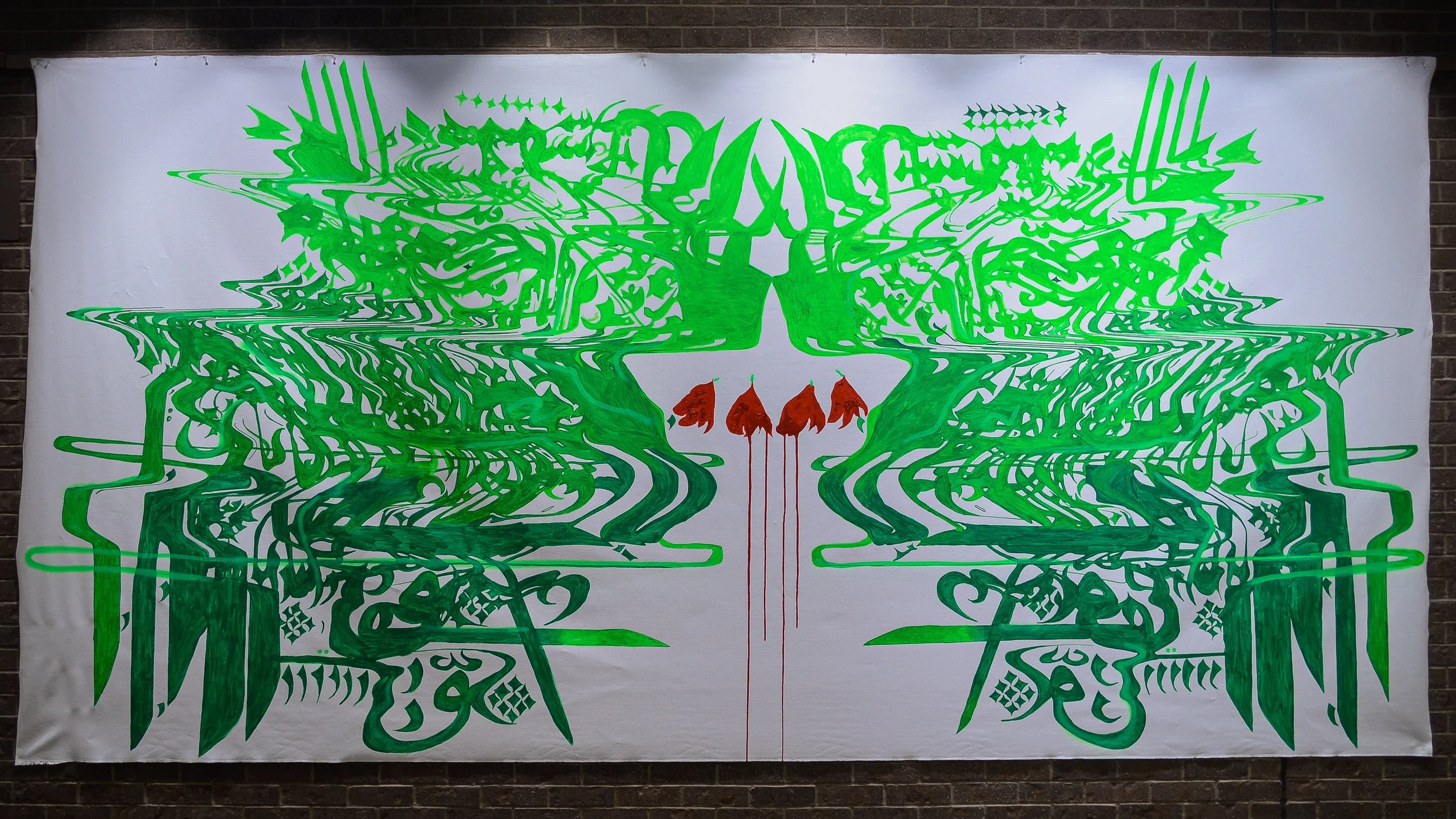   PETALS ON THE FLOOR  Acrylic and spray paint on canvas 170” x 84” 2022 February 2022 marks four months since the artist lost one of his mother's to COVID-19. Each flower depicted represents one month. Razvi created this painting to pay honor, tribu