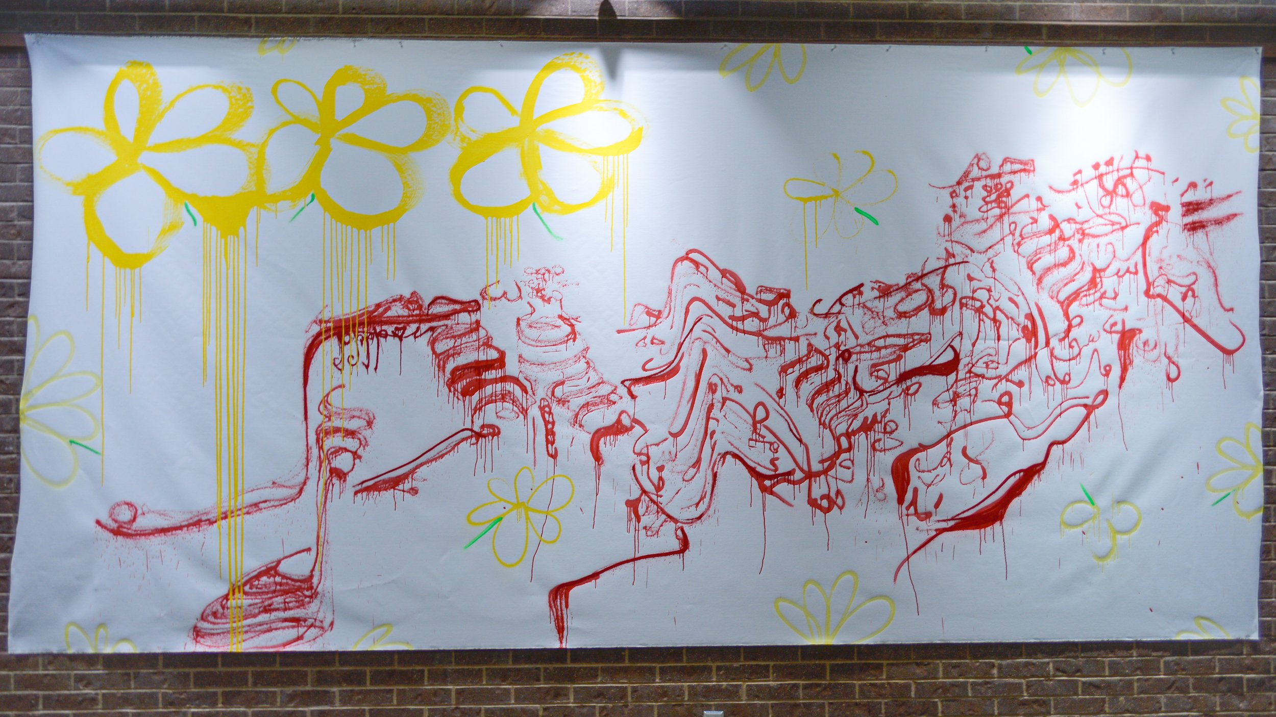   Future in Bloom , 2022 Acrylic and spray paint on canvas 170” x 84” The artist painted a Bull to represent the perseverance, strength and continued growth of Black and Brown people, who stand firm and&nbsp; blossom regardless of how they might be p