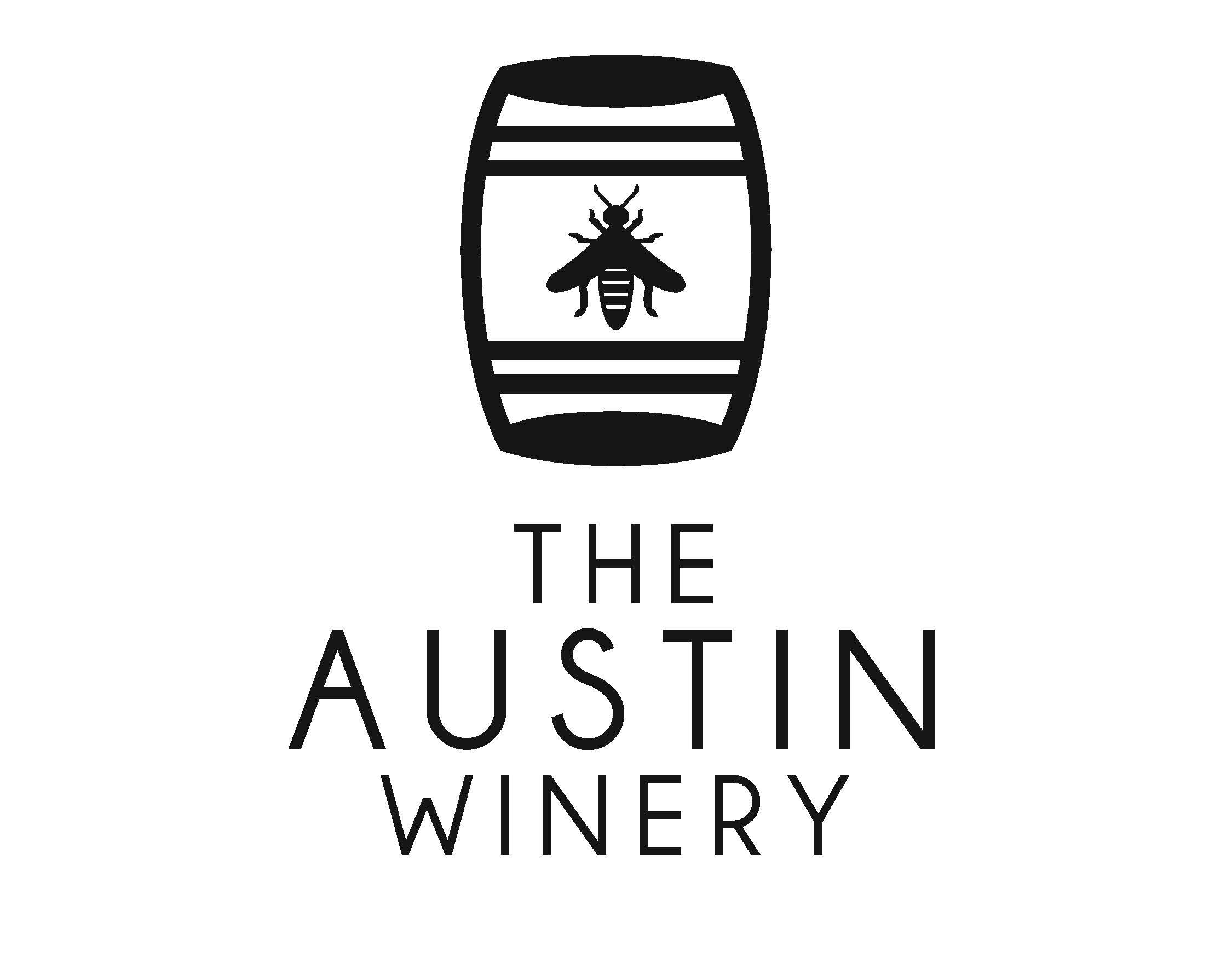 Black and white logo of The Austin Winery featuring a wine barrel with a bee in the center and the business name below.
