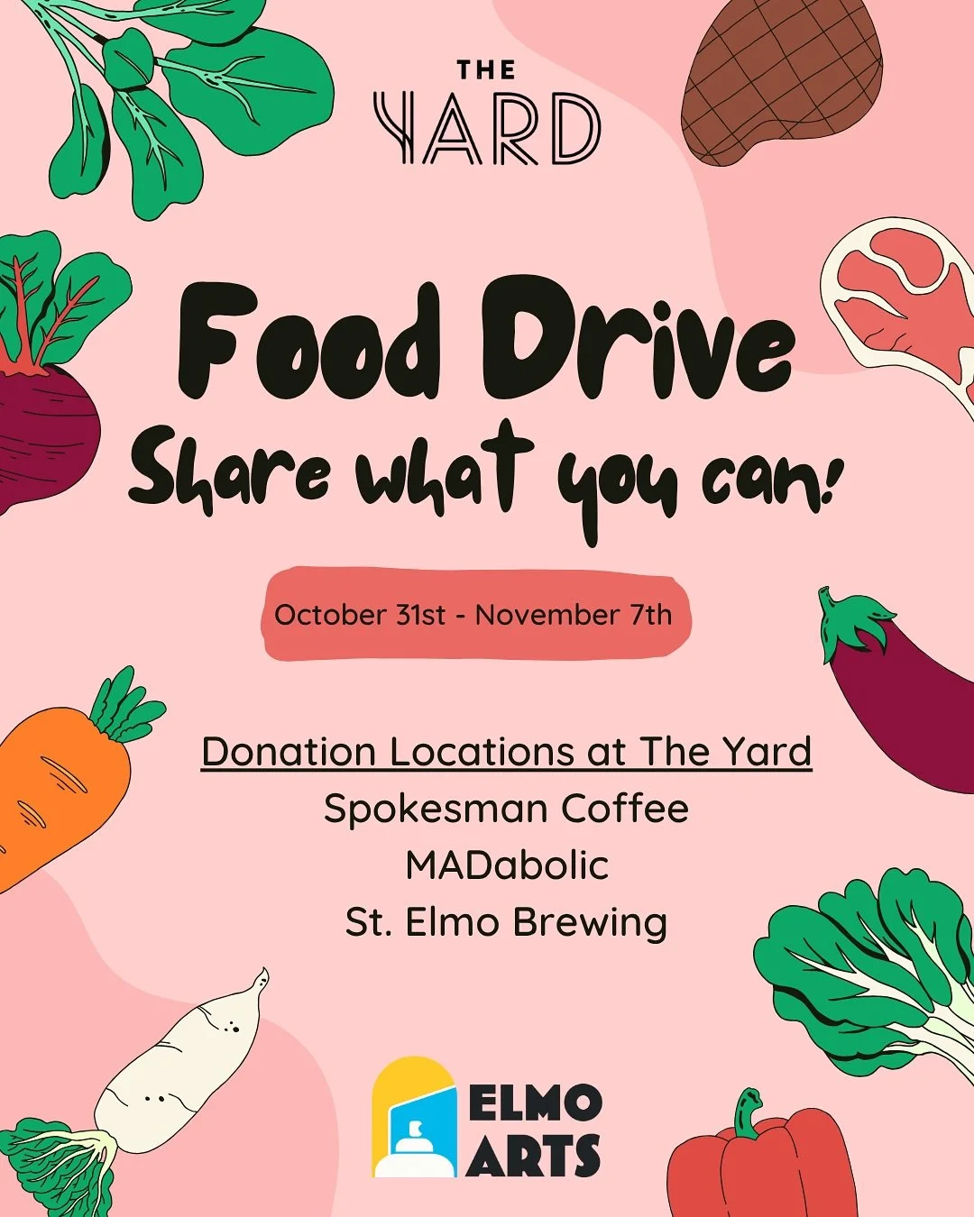 The Yard Food drive! 💛 🍎🥔🥦🥩🍞

In a moment when many in our community may need a little extra support, we are joining together to help families in need.

Starting today, October 31, The Yard is hosting a community food drive to help keep local s