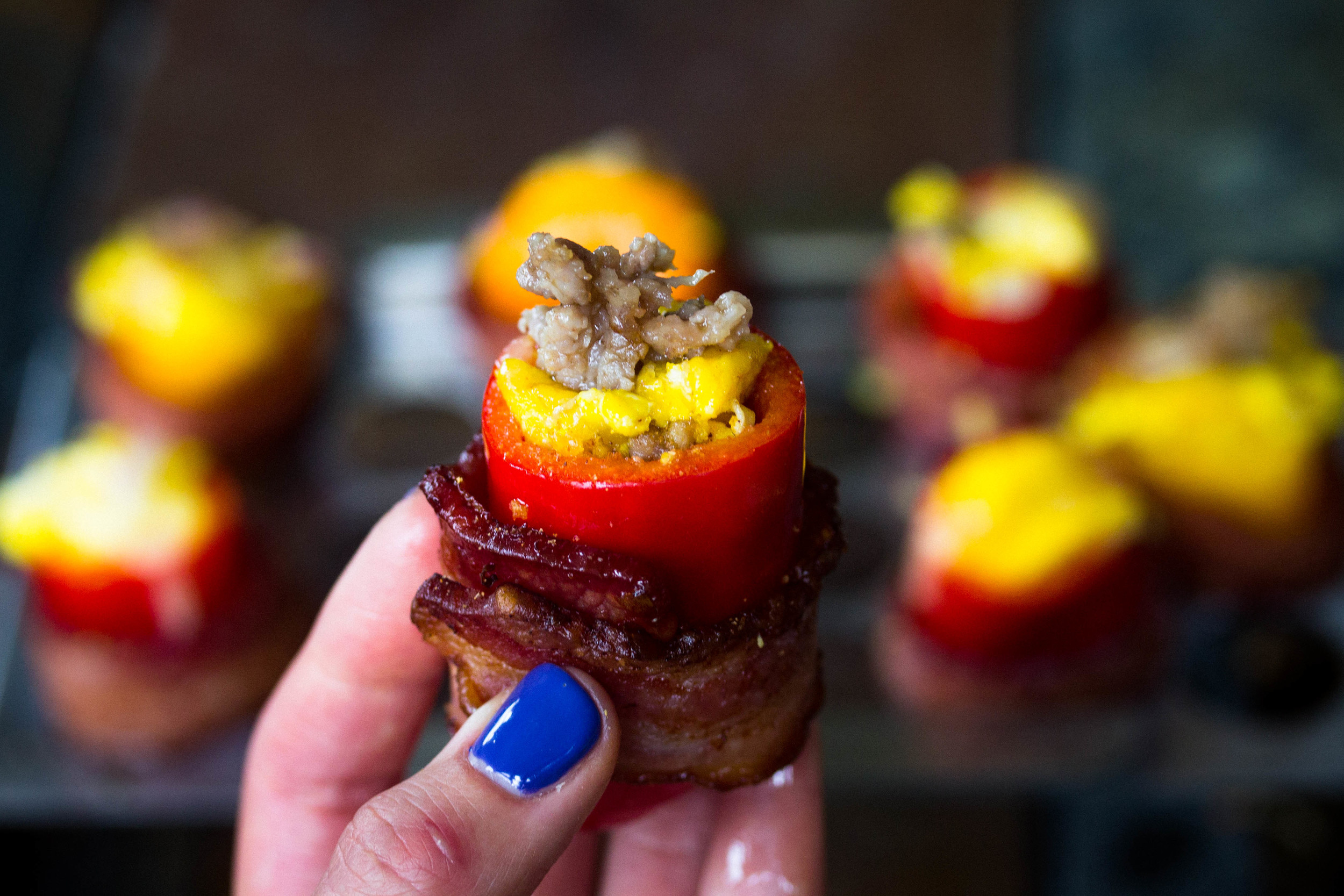 Sausage Egg &amp; Cheese Peppers Wrapped in Bacon