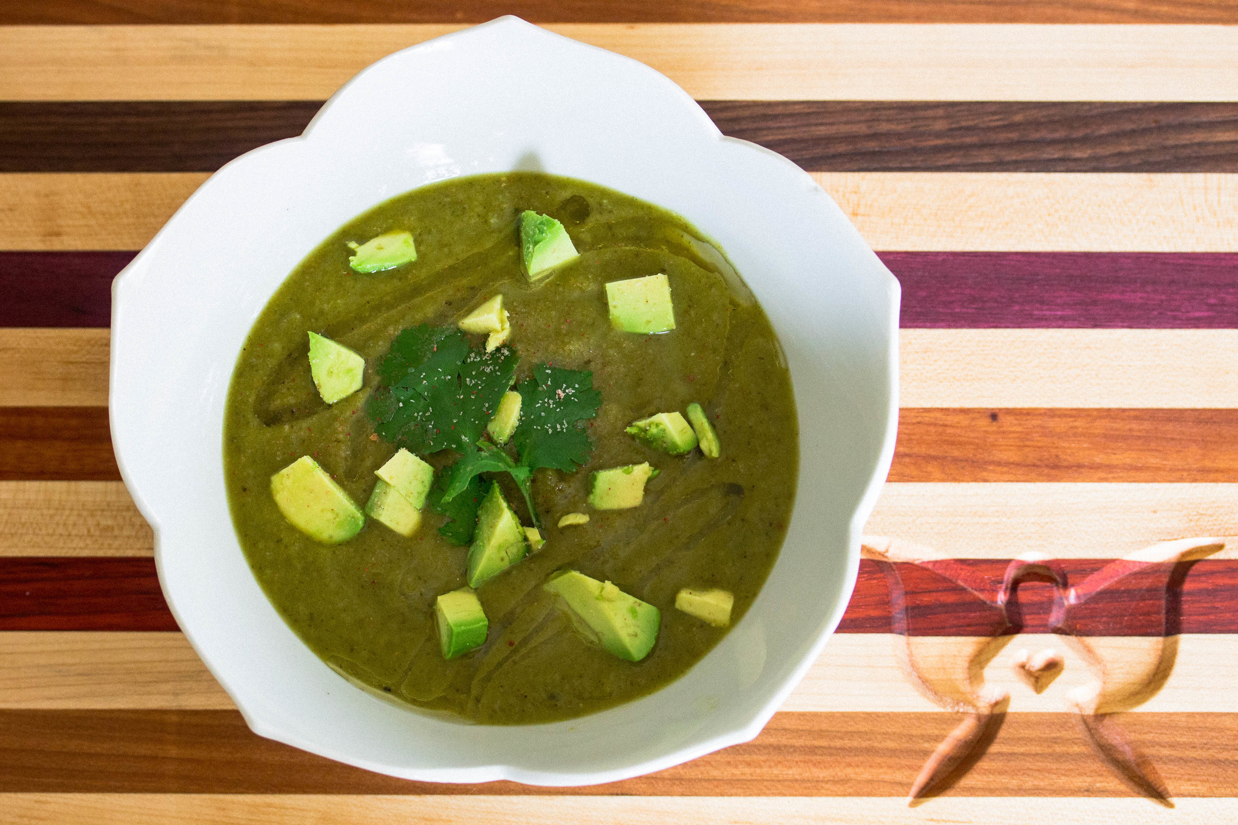 Pure soup and serve garnished with avocado and cilantro.