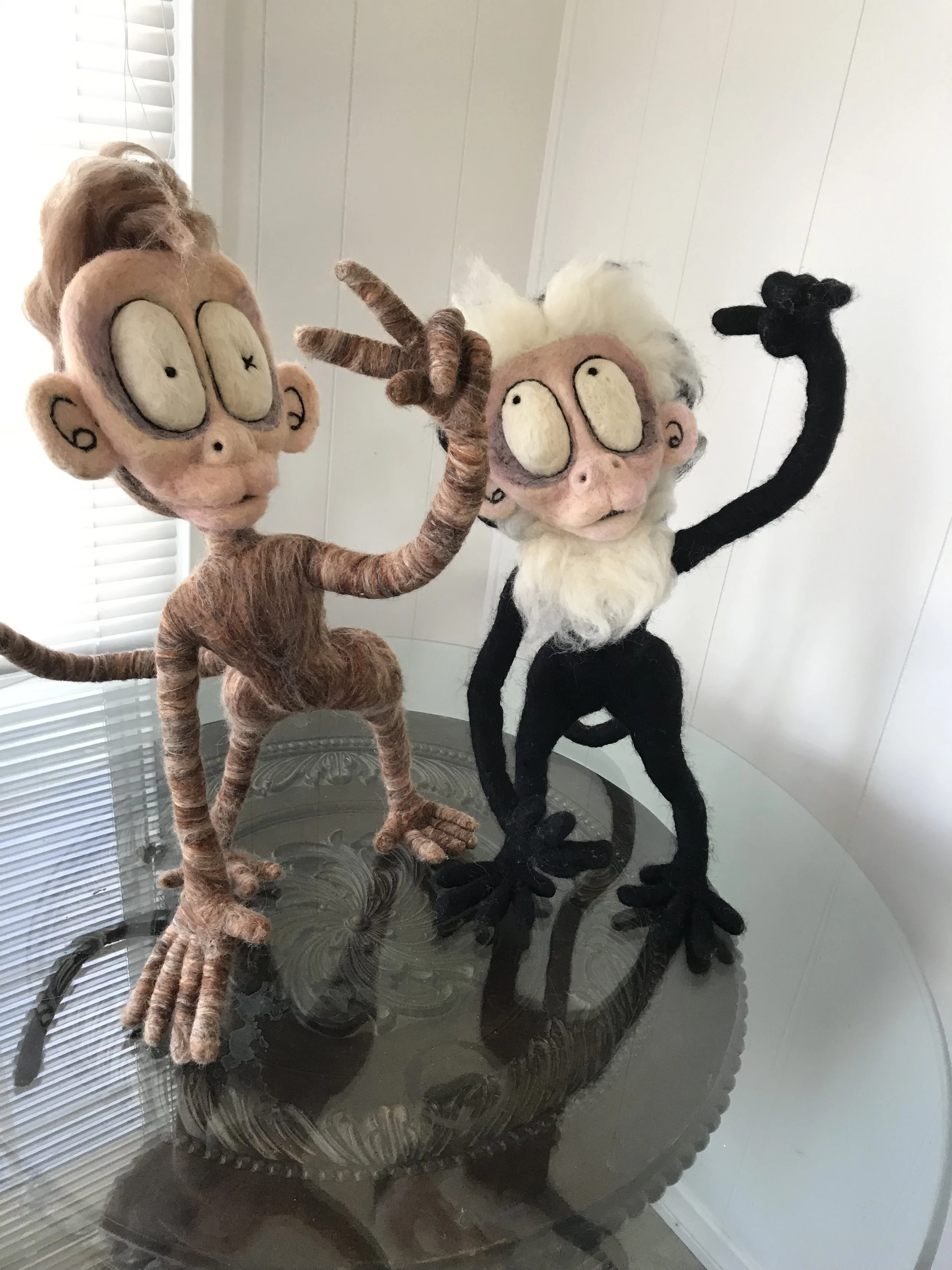This is a pair Tawnie recently felted. “Grasp” on the right is modeled after a Capuchin monkey!