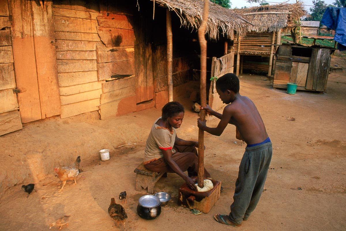Shortly before sunset on Friday, Frederick Edu pounds repeatedly as Florence deftly rotates the white starchy putty inside the cassava root, using the traditional wooden pole and carved wooden block. Through this process, they will make enough fufu—Ghana’s staple food—to last the family for Shabbat.