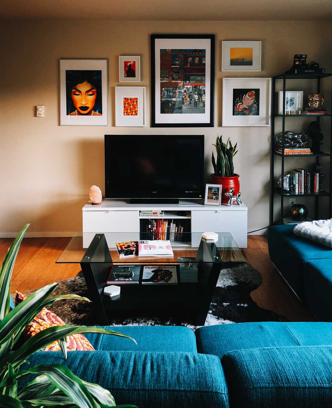 Sectional: Kasala Furniture. Coffee table: All Modern . Faux hide rug: Overstock . TV console, bookshelf & frames: Ikea. Pillow cover: Etsy . Himalayan salt lamp & faux fur throw: Ross . Plants: Lowes Home Improvement .