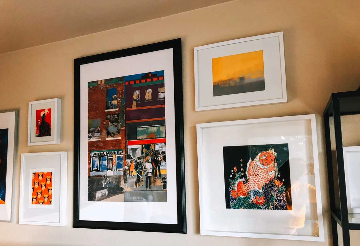 “Kalemba II” by Willian Santiago . “Colorful Frida” by Kendra Dandy . “The Block” poster by Romare Bearden via The Met Store. “The Simple Abstract” art print by T30 Gallery. Fabric print from my Thailand trip in 2017.