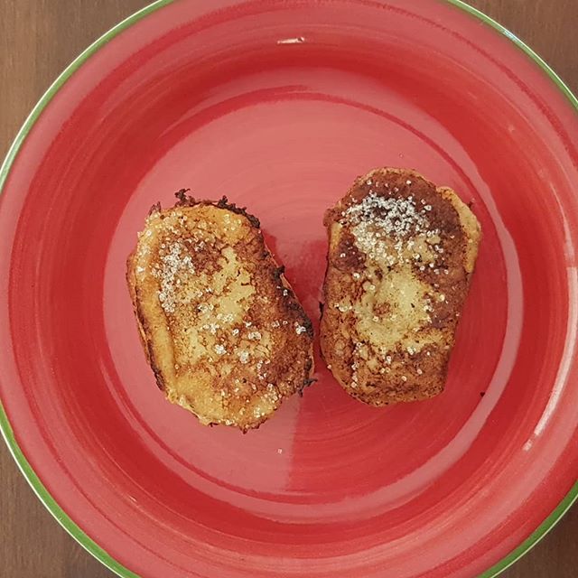 Today's breakfast, Torrijas... the Spanish version of french toast. Always made with stale baguette, soaked overnight in egg and milk, sprinkled with sugar and cinnamon #wastenotwantnot