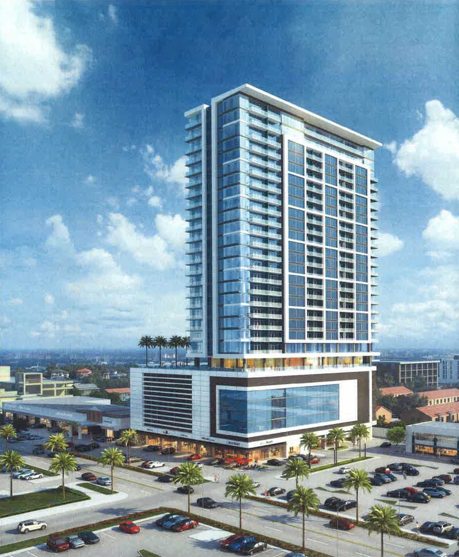The 29-story residential tower proposed to replace a portion of the historic River Oaks Shopping Center building at 1964 West Gray. 