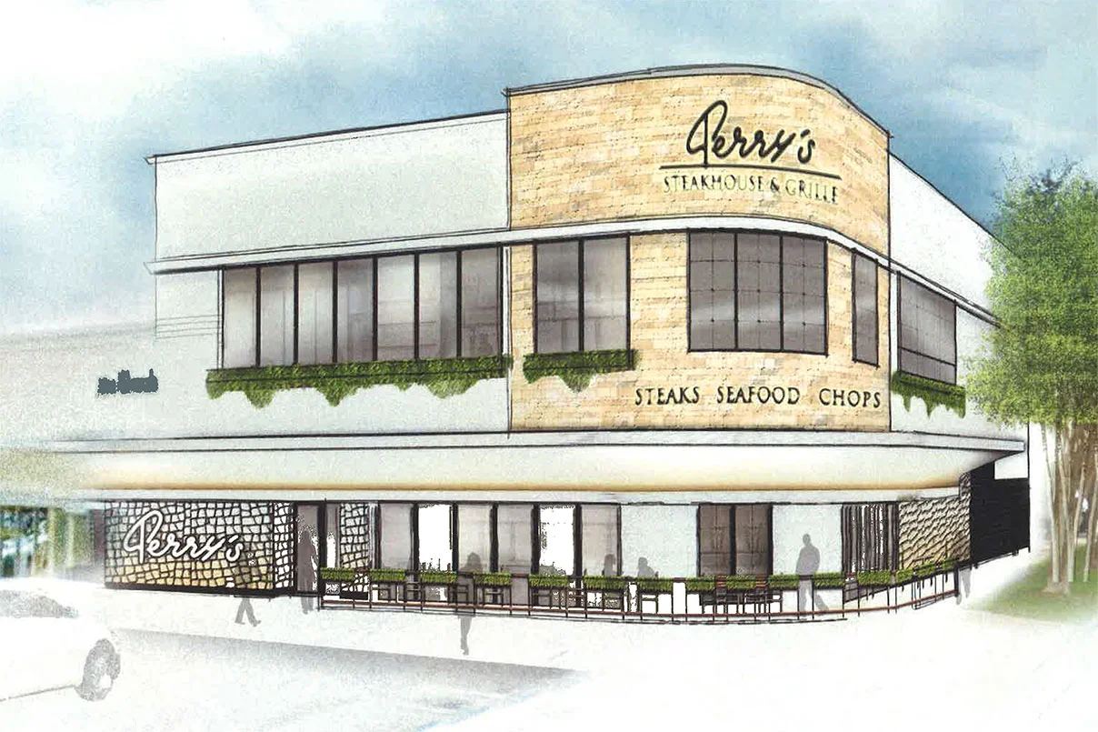 Proposed alterations to 1973 West Gray include cutting larger second-floor windows and wrapping the building's bullnose corner in limestone tiles.