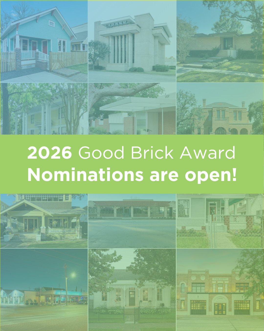 Preservation Houston is now accepting nominations for the 2026 Good Brick Awards, recognizing excellence in historic preservation throughout Houston and Harris County. The deadline to submit is 3 p.m. Monday, September 8.⁠
⁠
In addition to outstandin