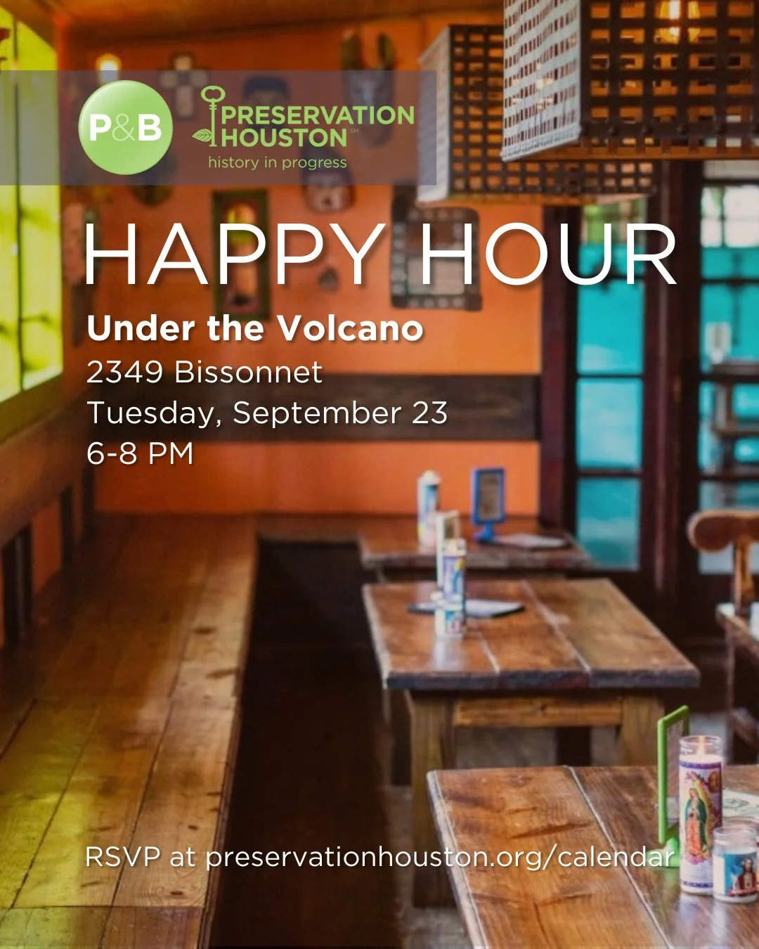 Join your fellow Preservation Houston and Pier &amp; Beam members on September 23 for our fall all-member happy hour! We'll be at Under the Volcano (@volcanohouston) from 6 to 8 pm. Find all the details and RSVP at the link in our bio.⁠
⁠
The one-sto
