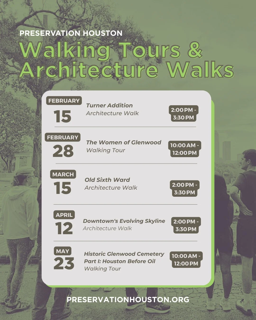 There&rsquo;s no better way to experience Houston&rsquo;s history than on foot! 👟 ⁠
⁠
Join Preservation Houston for our upcoming Walking Tours &amp; Architecture Walks, where we explore the stories, neighborhoods, and design that shape the city we s