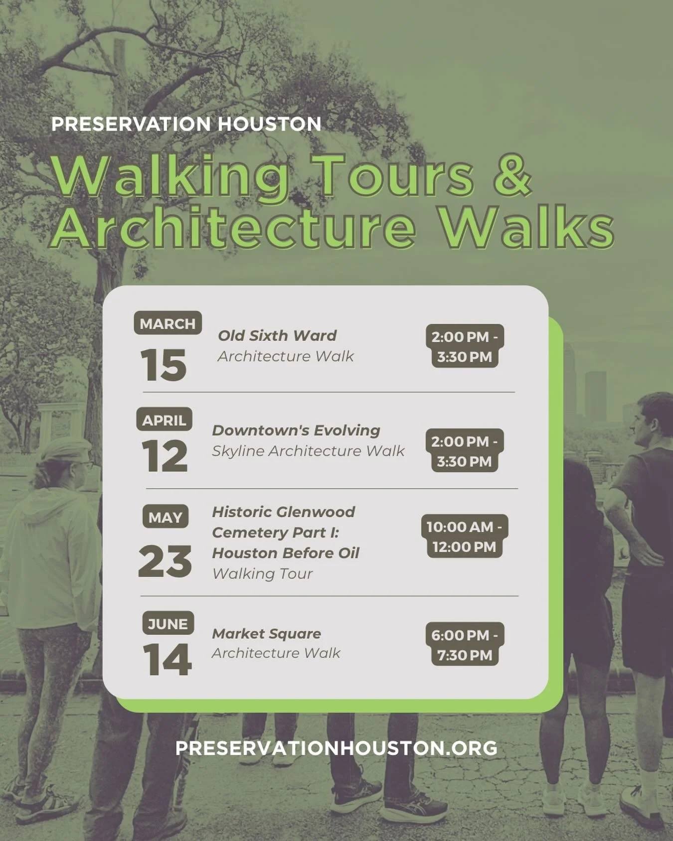 Discover Houston&rsquo;s history one neighborhood at a time! 👟 

Join Preservation Houston for our upcoming Walking Tours &amp; Architecture Walks, where we explore the stories, neighborhoods, and design that shape the city we share.

Upcoming Tours