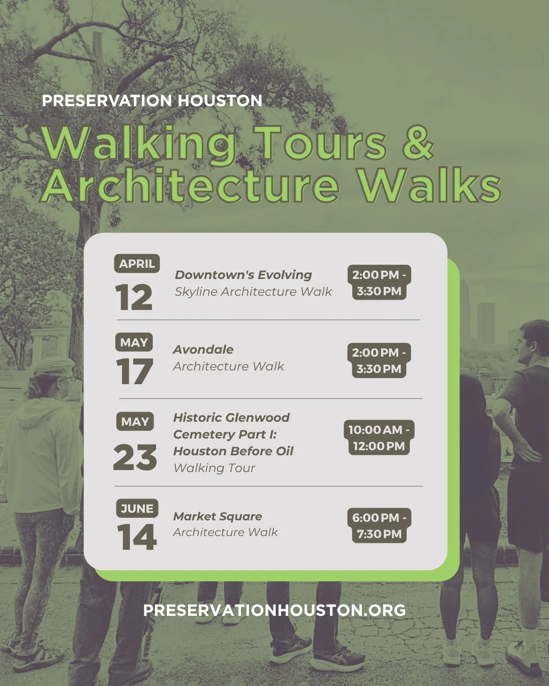 Join Preservation Houston for our upcoming Walking Tours &amp; Architecture Walks, where we explore the stories, design, and history that shape the city we share.⁠
⁠
Upcoming Tours:⁠
&bull; April 12 &mdash; Downtown&rsquo;s Evolving Skyline Architect