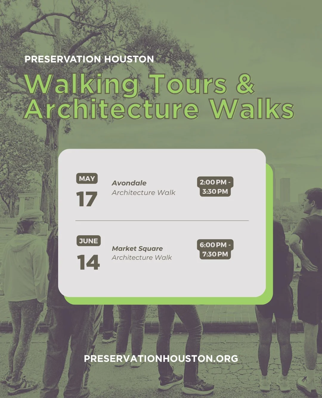 Come get your steps in with us! 👟 Join Preservation Houston for our upcoming Walking Tours &amp; Architecture Walks, where we explore the stories, design, and history that shape the city we share.⁠
⁠
Upcoming Tours:⁠
&bull; May 17 &mdash; Avondale A
