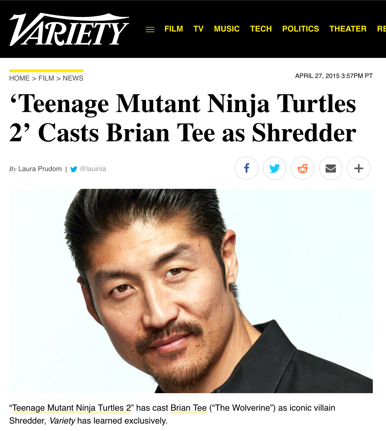 Variety Exclusive: Brian Tee cast as Shredder in 'Teenage Mutant Ninja Turtles 2'